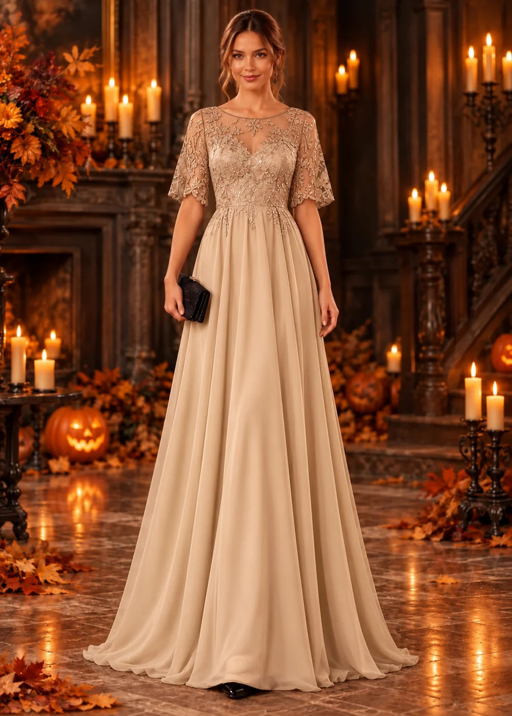 Front view of the champagne evening gown with an illusion flutter-sleeve bodice and a tonal lace chiffon skirt.