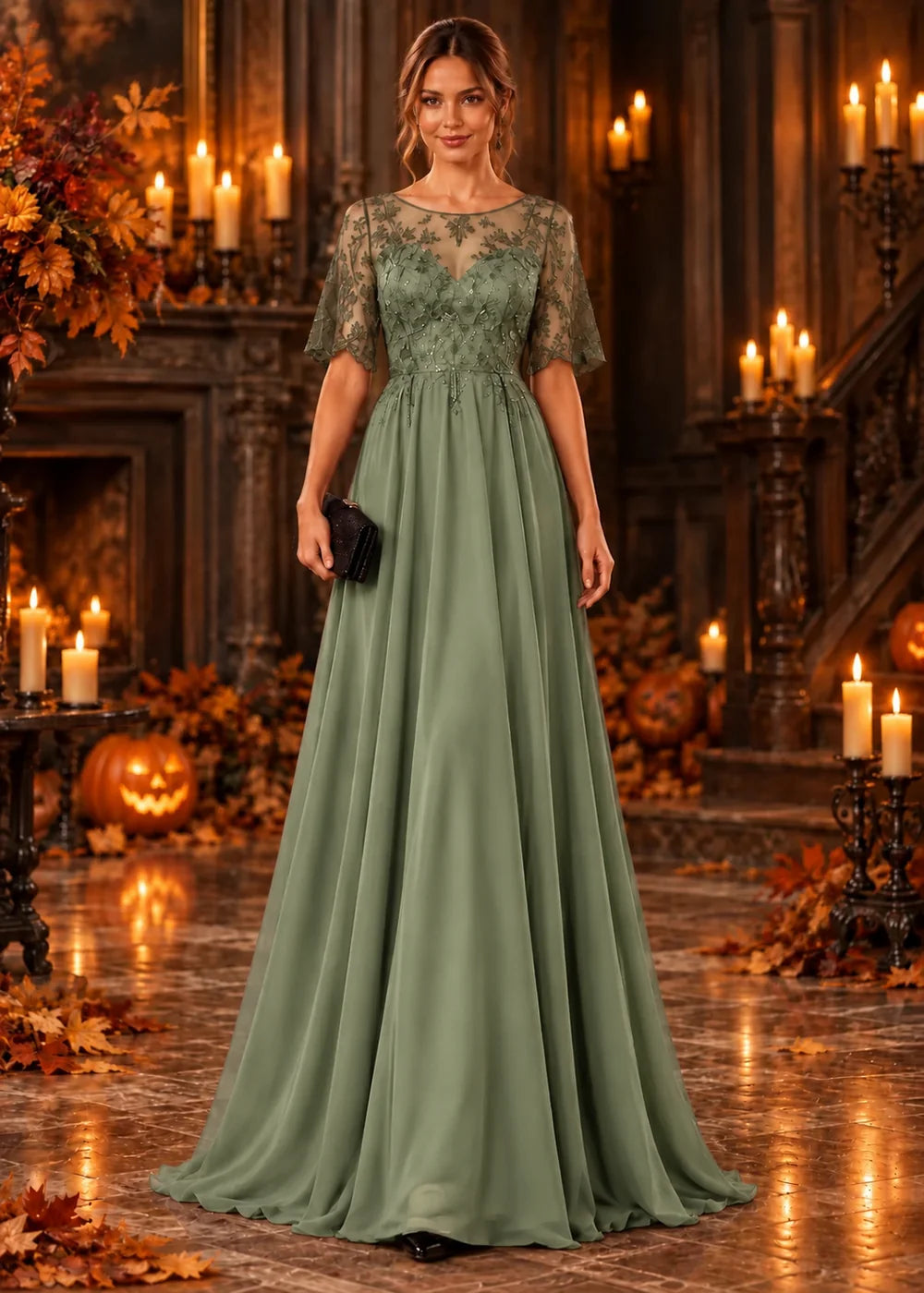 Front view of the sage green evening gown with an illusion flutter-sleeve bodice and a tonal lace chiffon skirt.