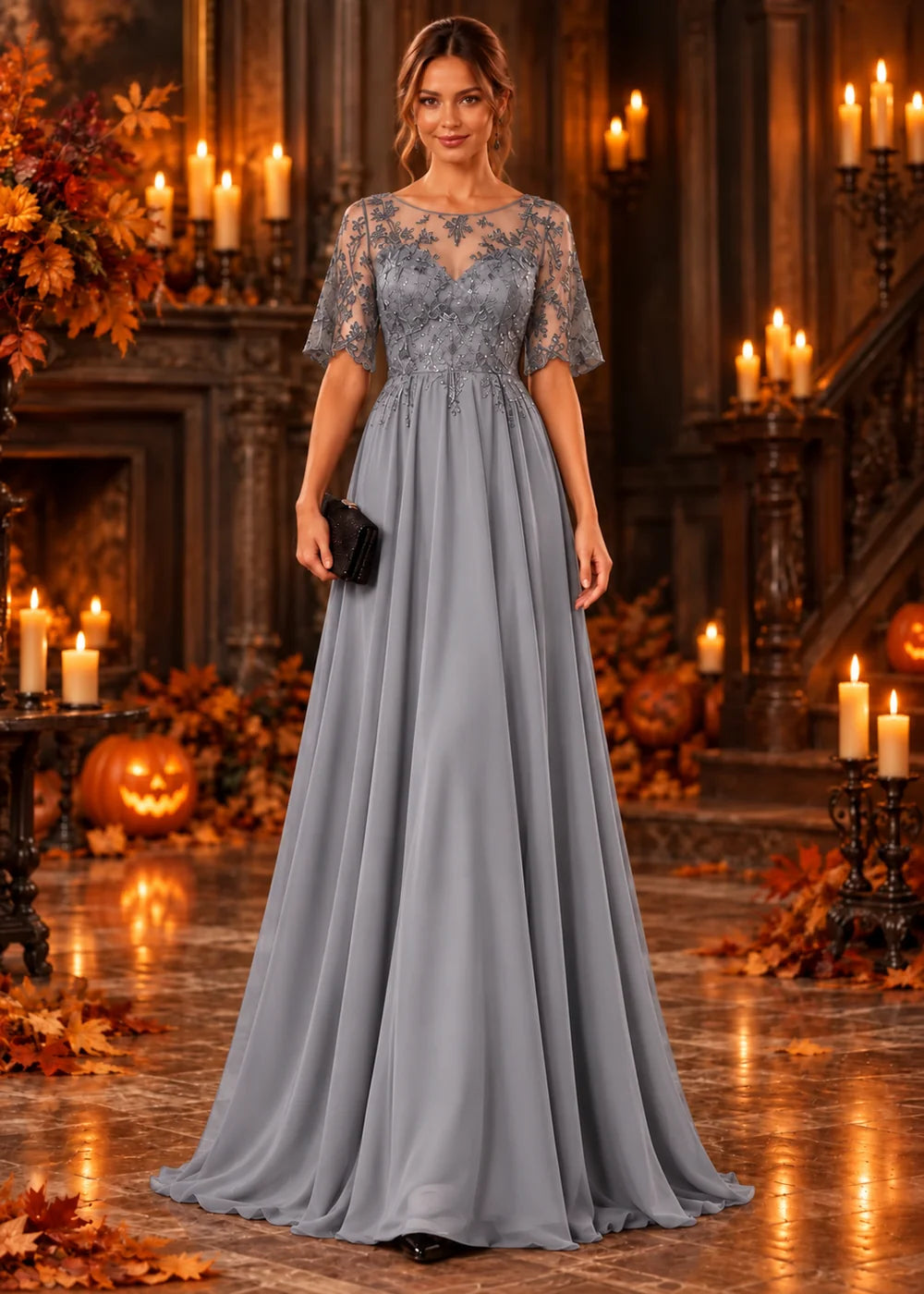 Front view of the silver gray evening gown with an illusion flutter-sleeve bodice and a tonal lace chiffon skirt.