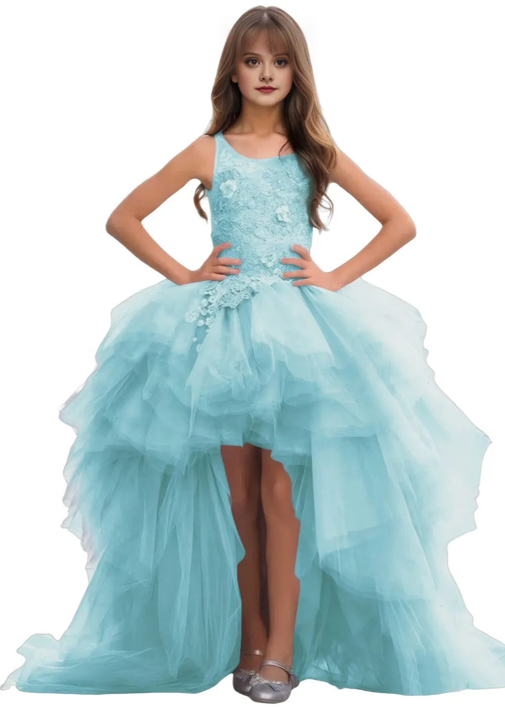 High-Low Layered Tulle Gown for Girls