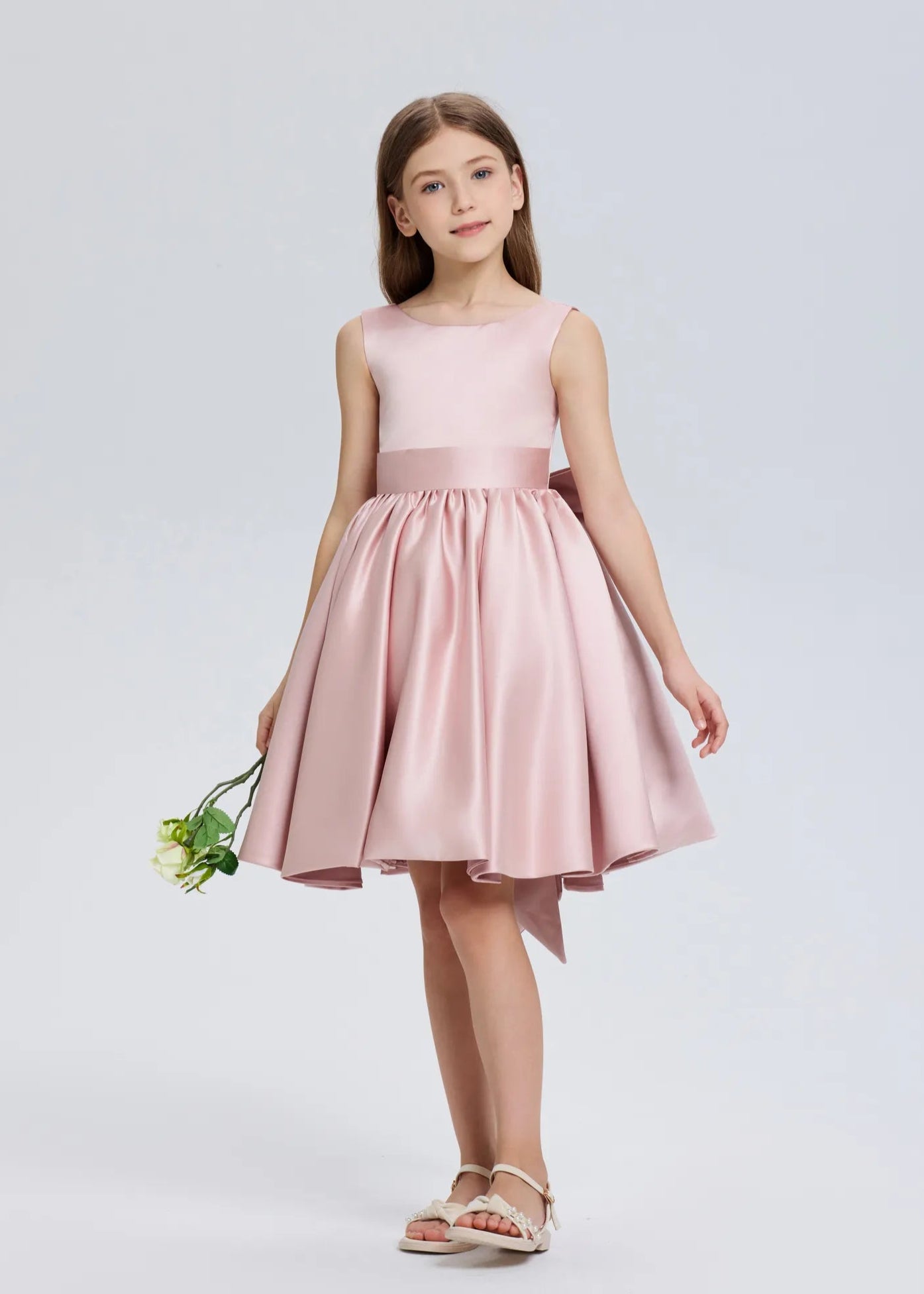 Pretty Bow V back Satin Flower Girl Dress– [Blue]