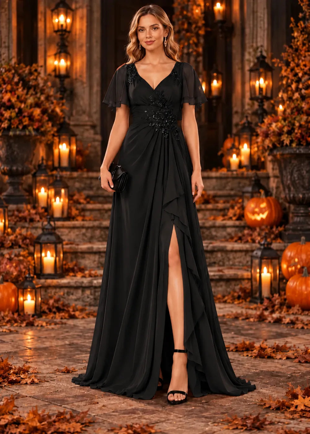 Front view of the black evening gown with a V-neckline, flutter sleeves and a ruffled slit skirt.
