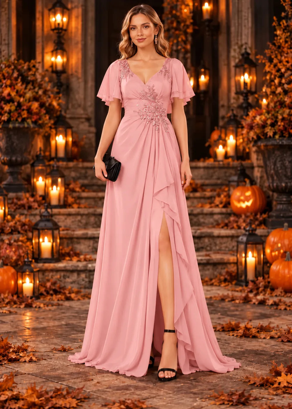 Front view of the blush pink evening gown with a V-neckline, flutter sleeves and a ruffled slit skirt.