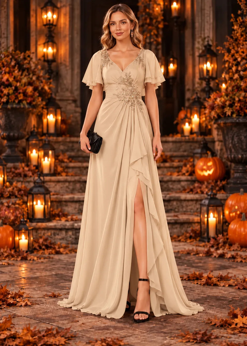 Front view of the champagne evening gown with a V-neckline, flutter sleeves and a ruffled slit skirt.