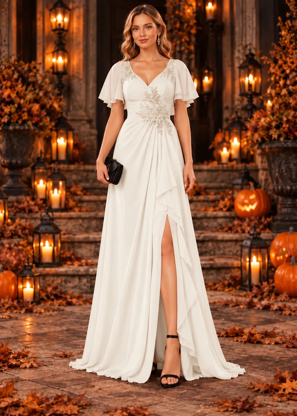 Front view of the ivory evening gown with a V-neckline, flutter sleeves and a ruffled slit skirt.