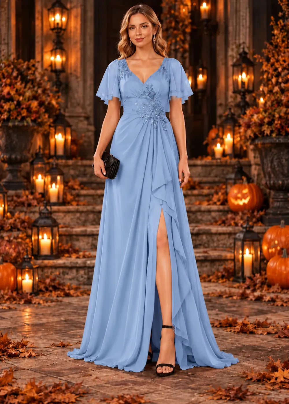 Front view of the light blue evening gown with a V-neckline, flutter sleeves and a ruffled slit skirt.