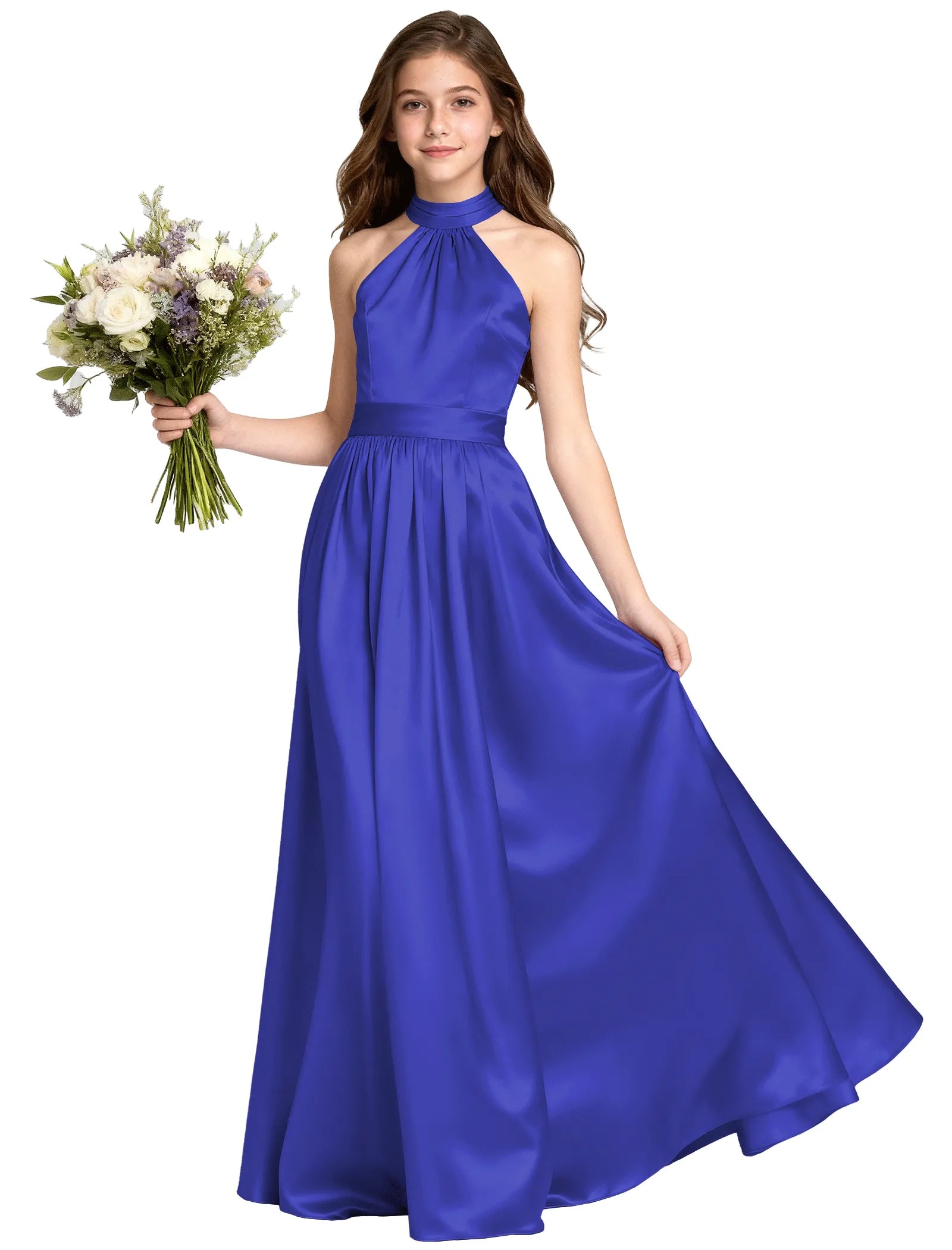 Girls Satin Halter Formal Dress With Elegant A-Line Skirt