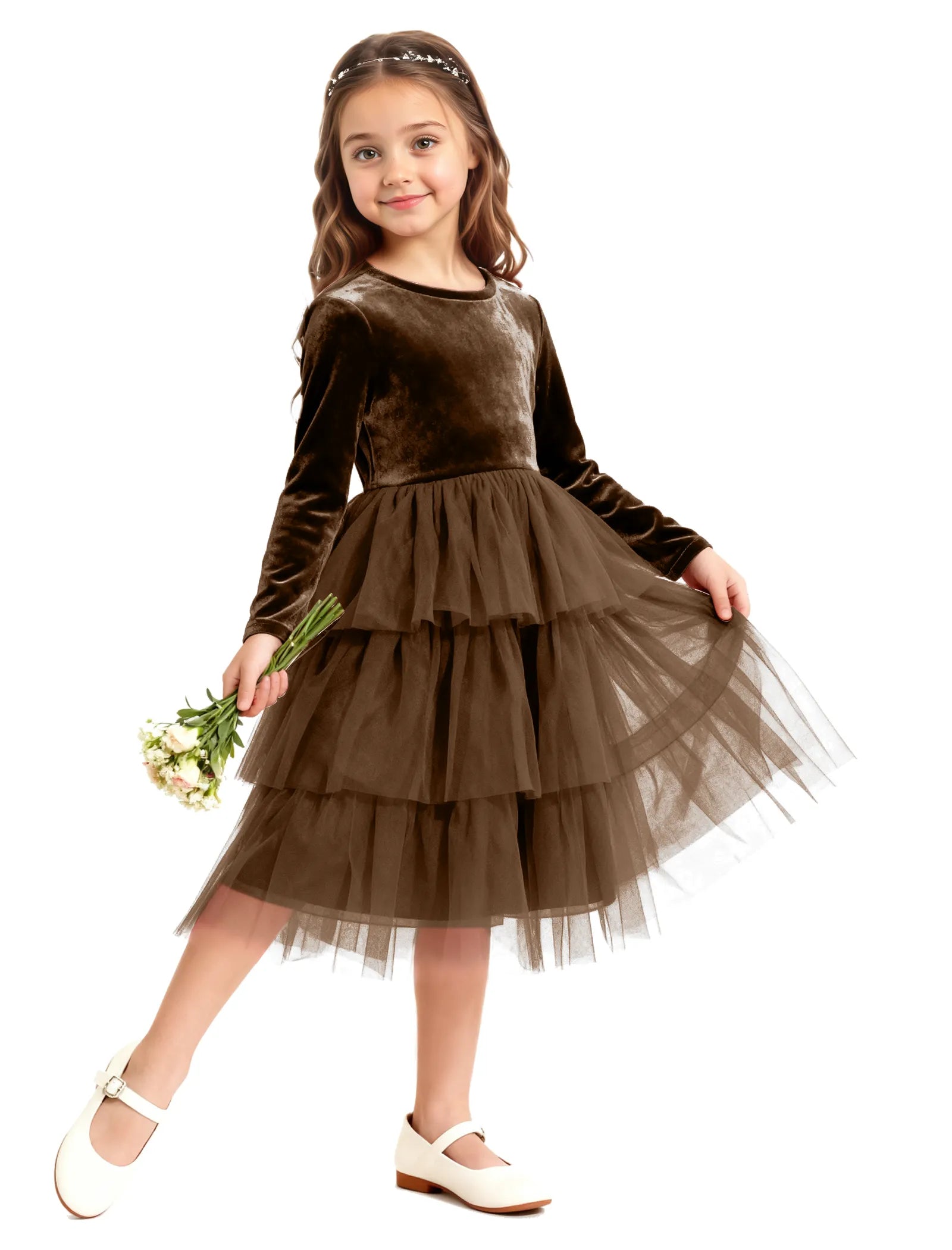 Velvet Ruffle Tulle Girls Party Dress