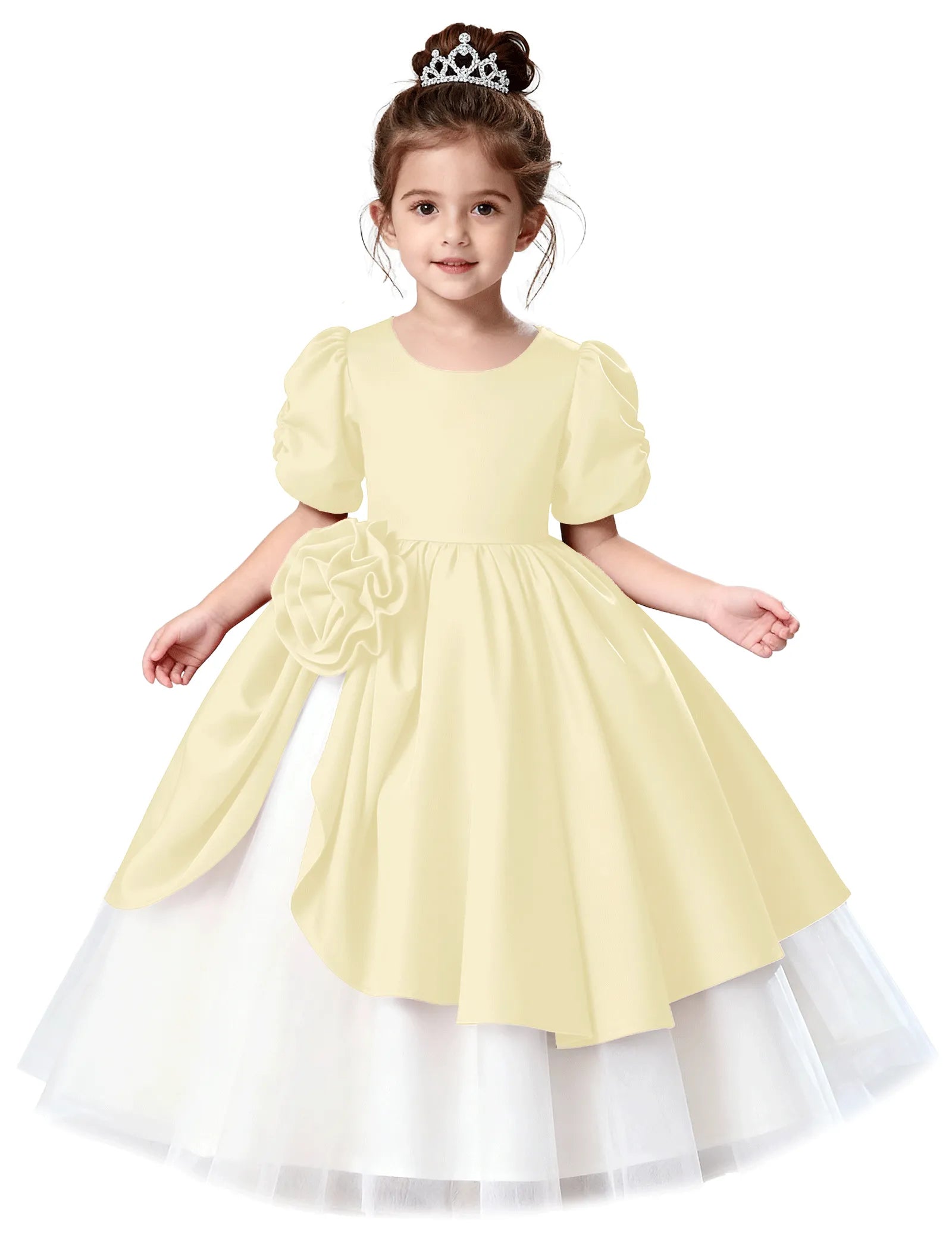 Satin Puff Sleeve Flower Girl Dress with Layered Skirt