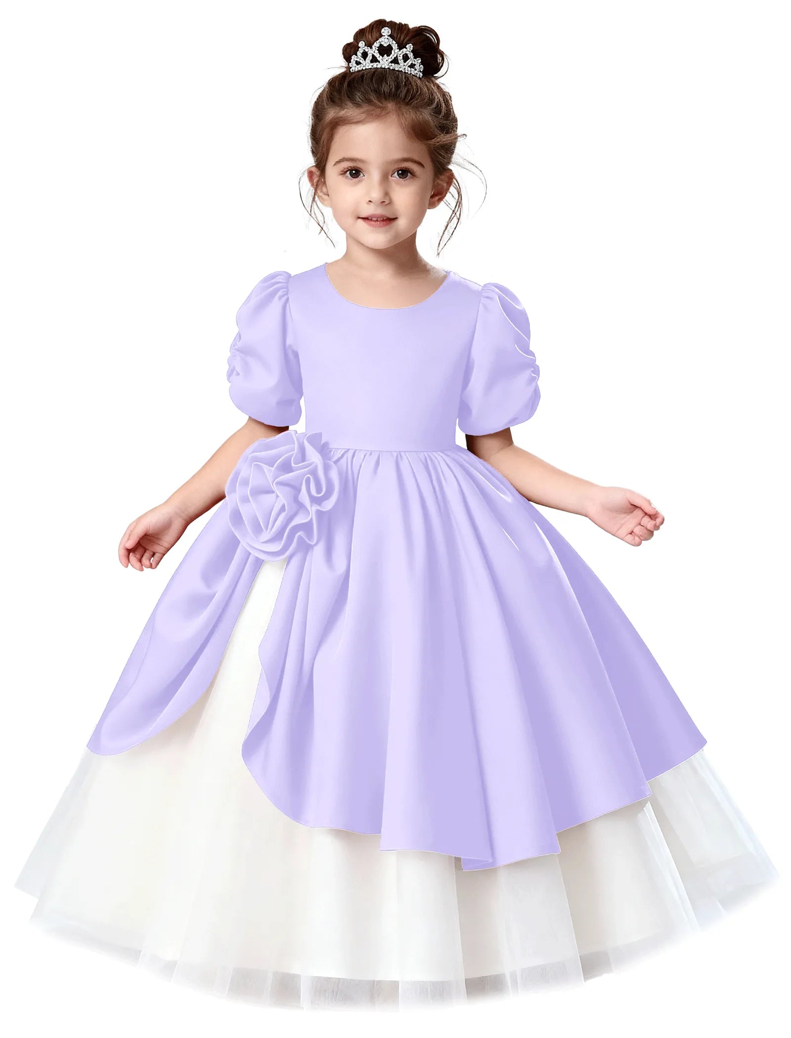 Satin Puff Sleeve Flower Girl Dress with Layered Skirt