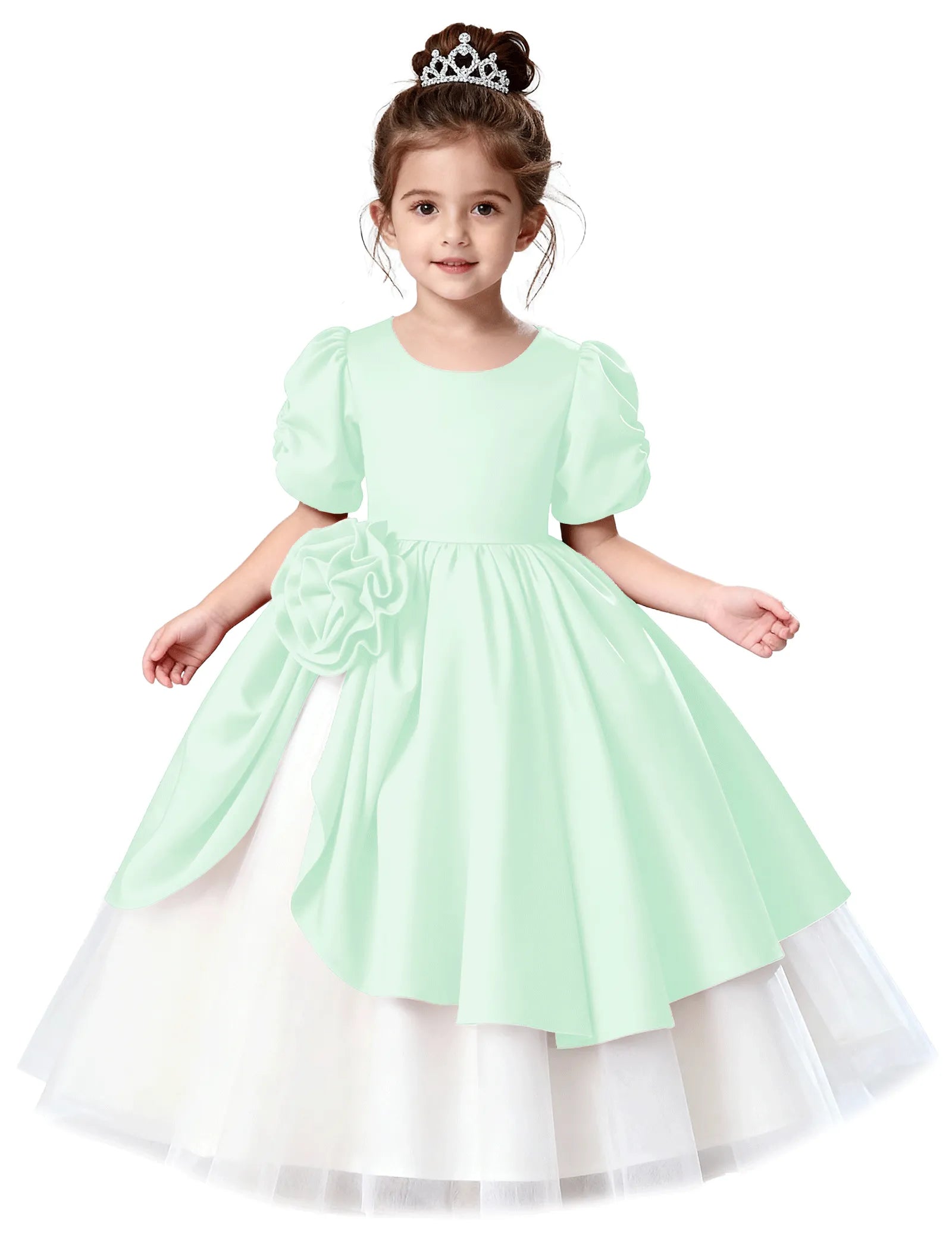 Satin Puff Sleeve Flower Girl Dress with Layered Skirt