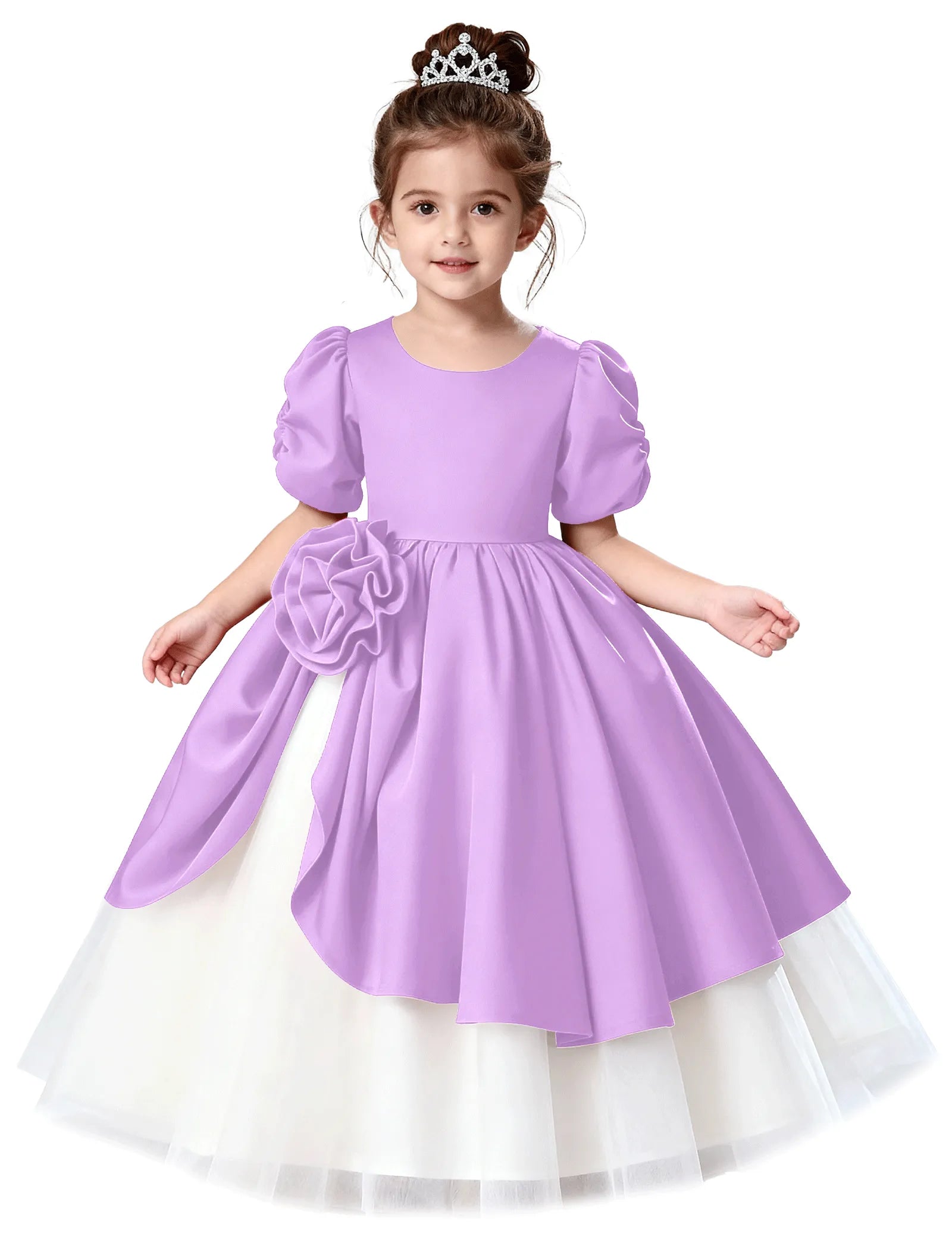 Satin Puff Sleeve Flower Girl Dress with Layered Skirt