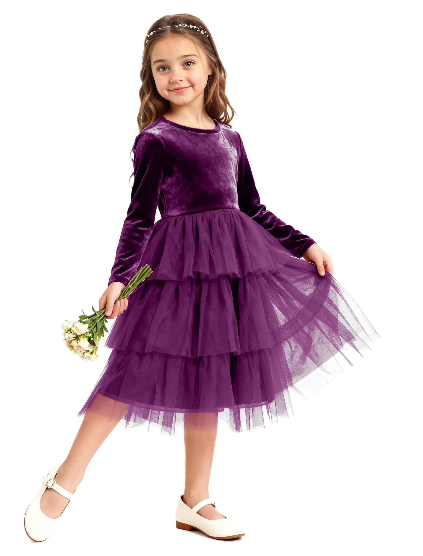 Velvet Ruffle Tulle Girls Party Dress