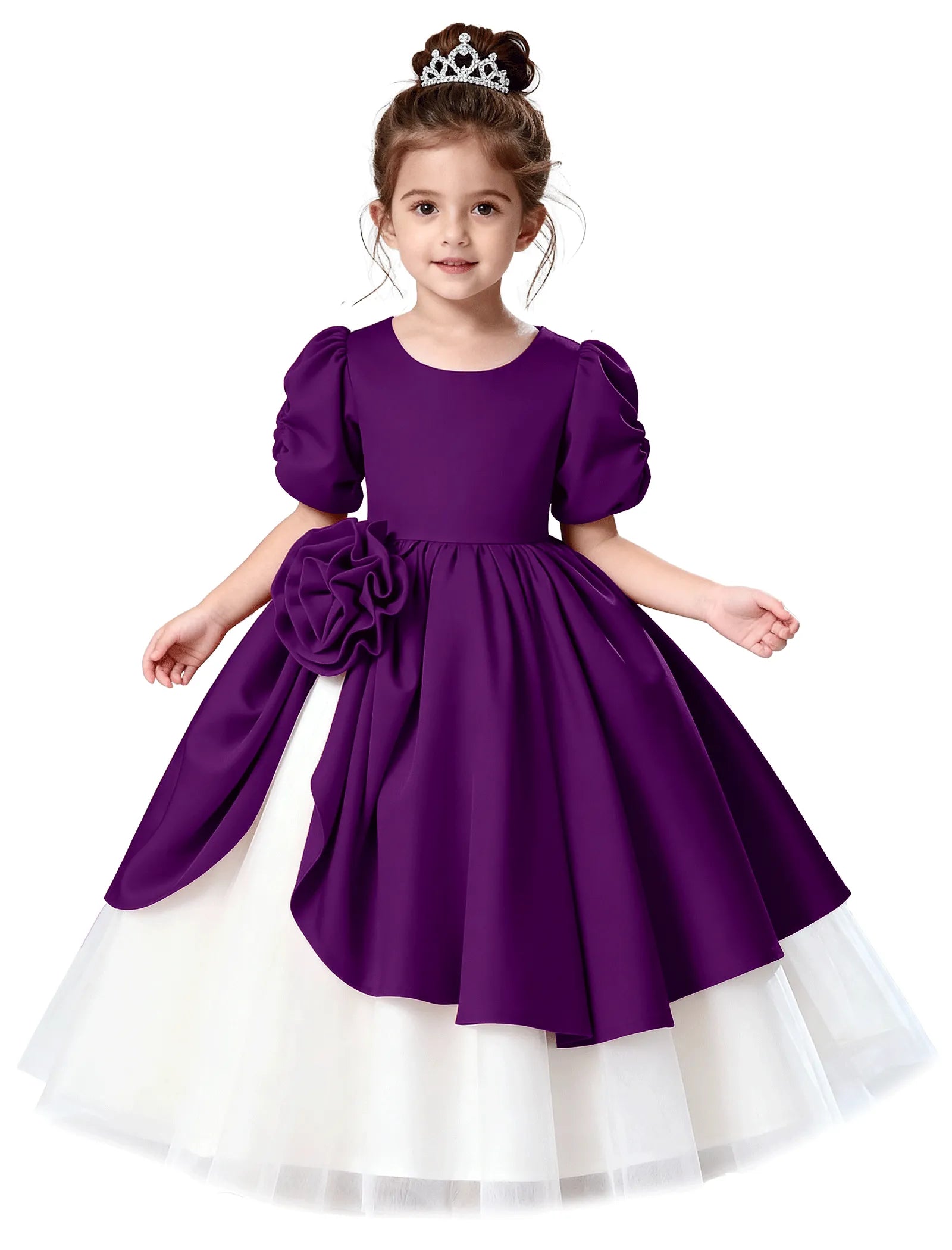 Satin Puff Sleeve Flower Girl Dress with Layered Skirt