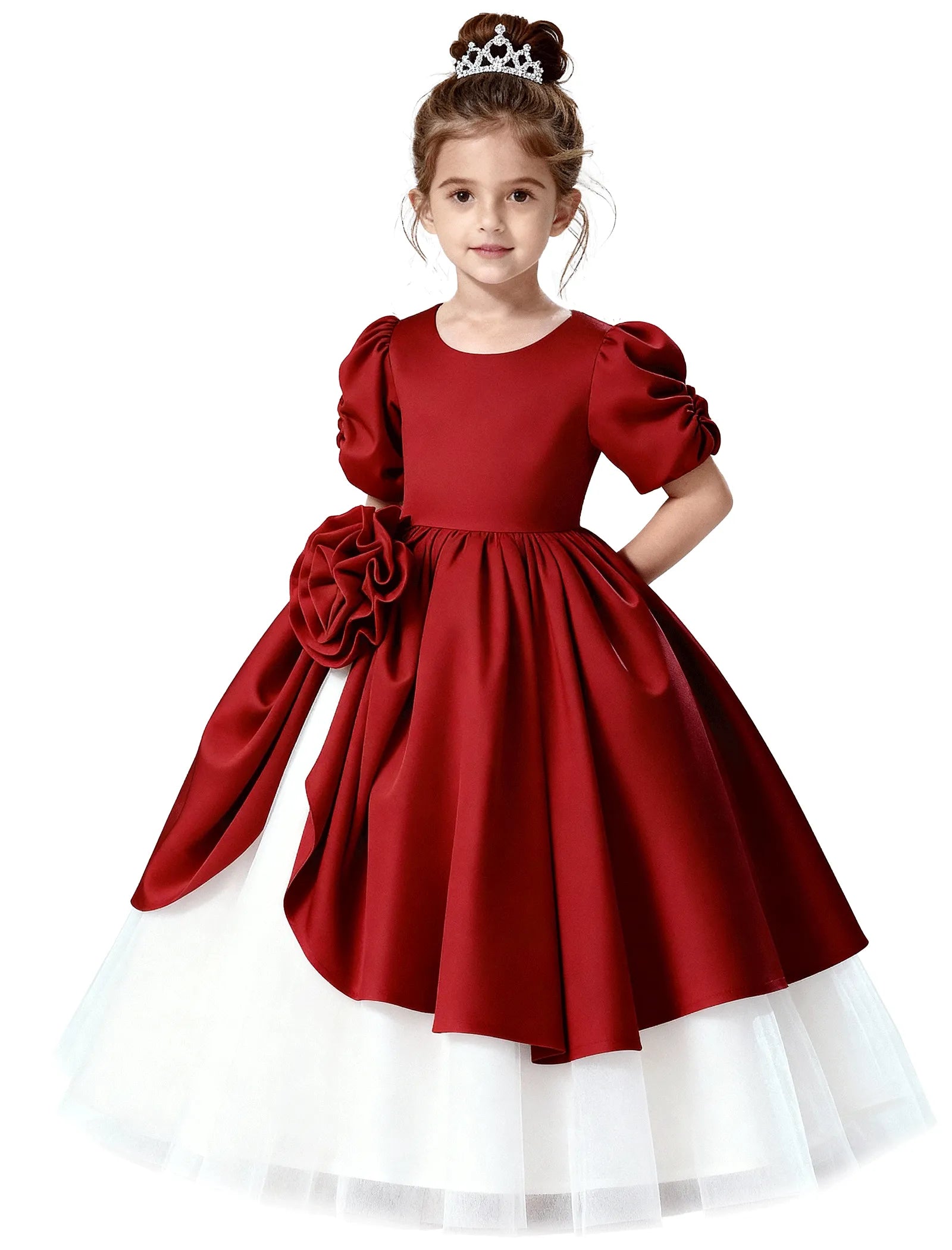 Satin Puff Sleeve Flower Girl Dress with Layered Skirt