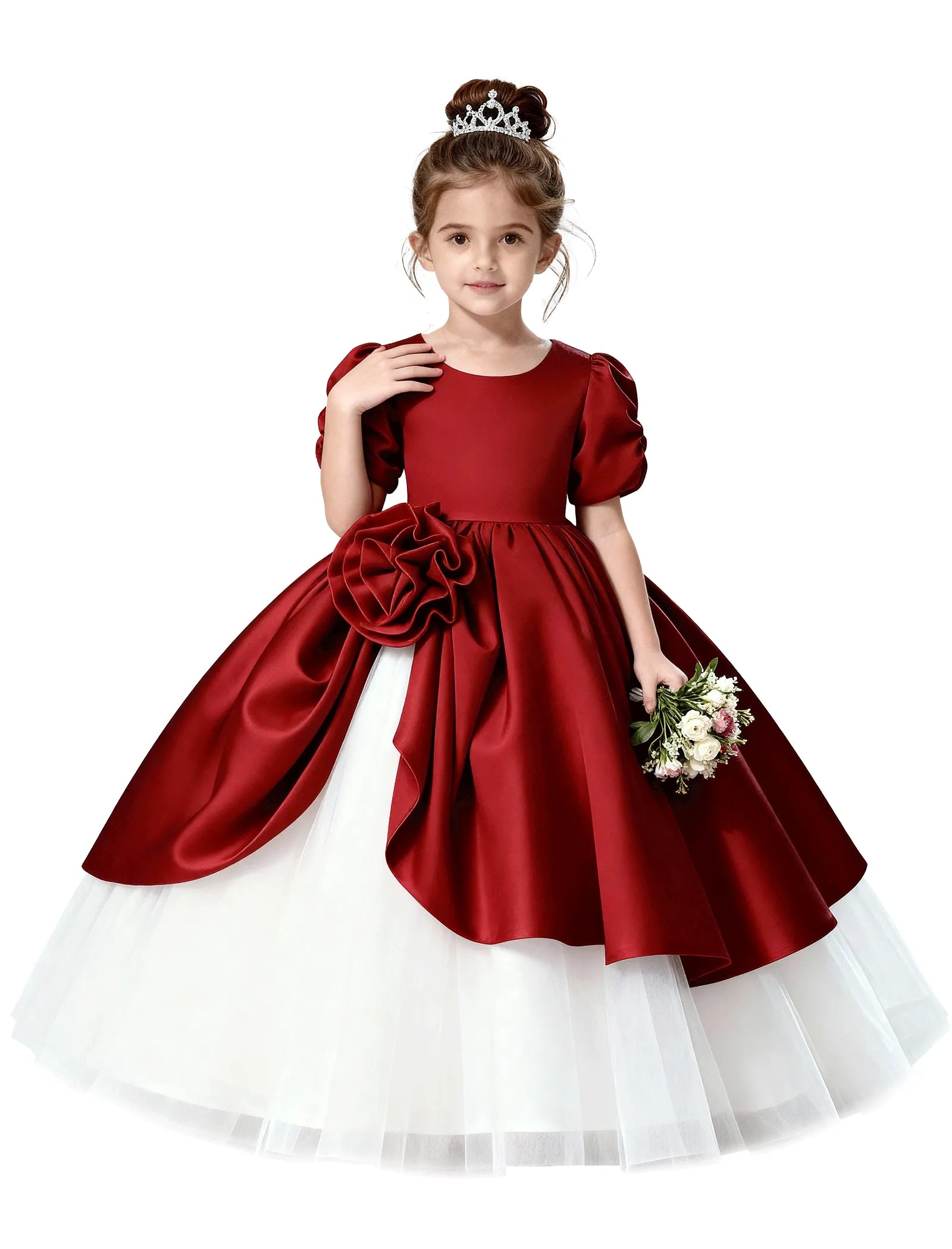 Satin Puff Sleeve Flower Girl Dress with Layered Skirt