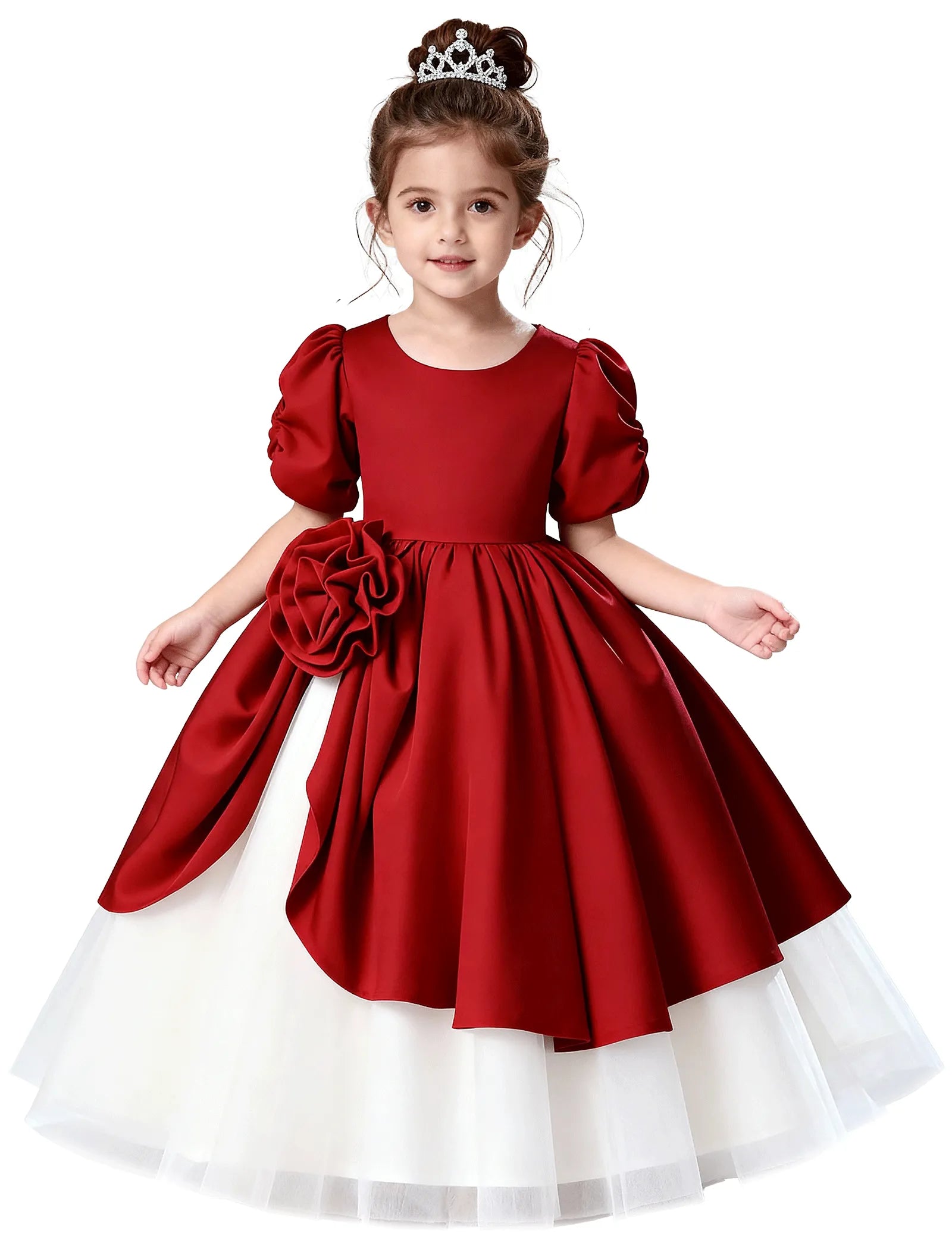 Satin Puff Sleeve Flower Girl Dress with Layered Skirt