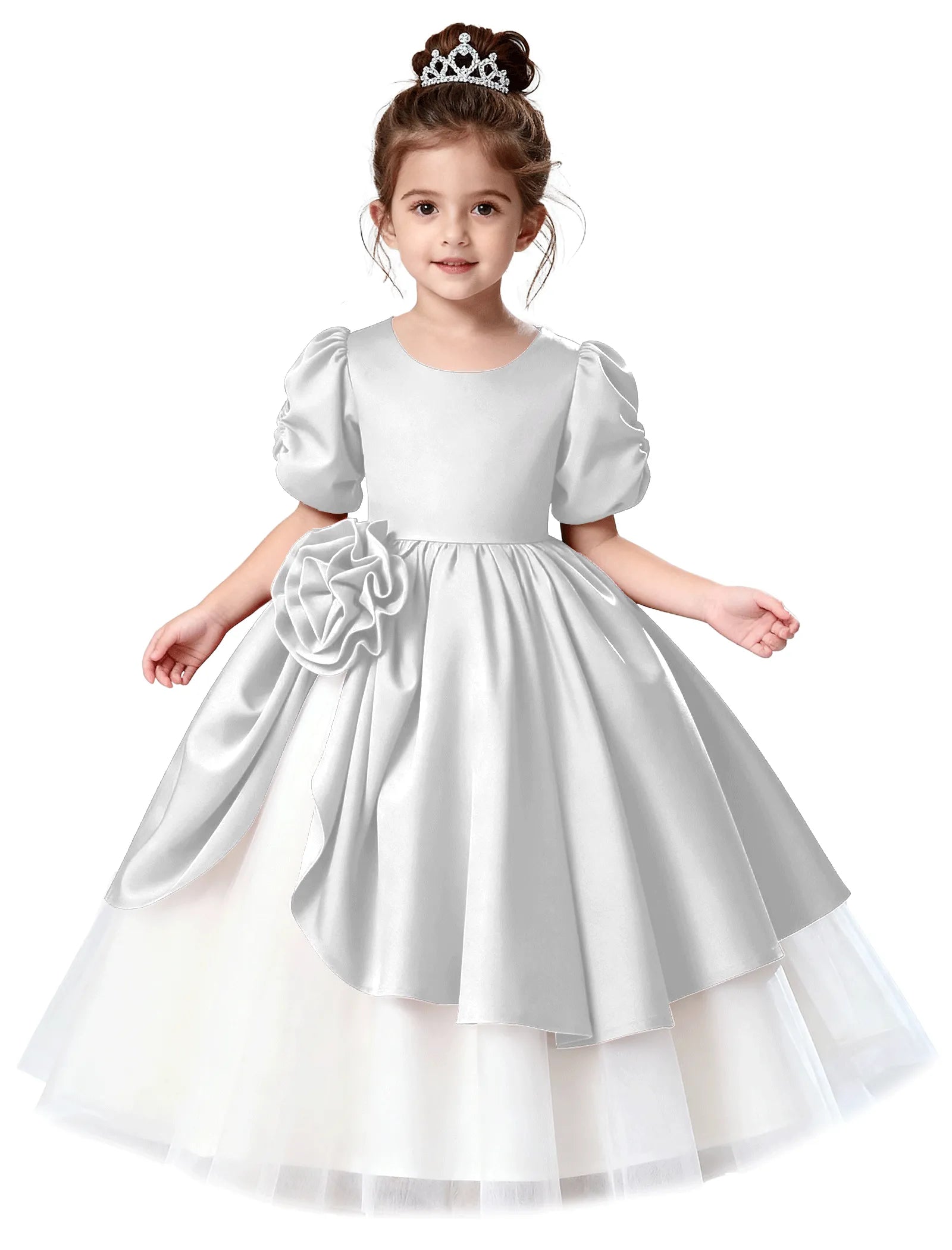 Satin Puff Sleeve Flower Girl Dress with Layered Skirt