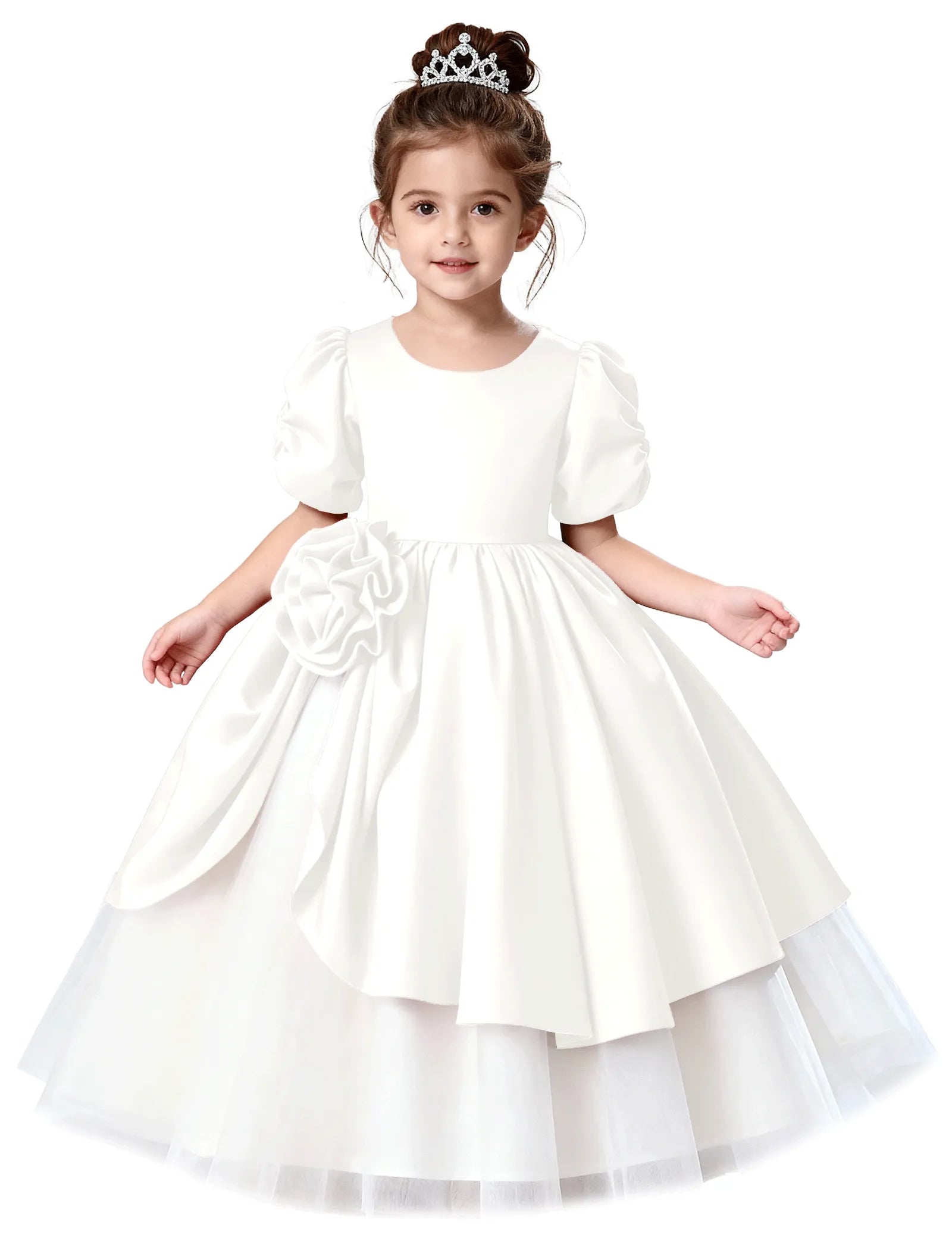 Satin Puff Sleeve Flower Girl Dress with Layered Skirt