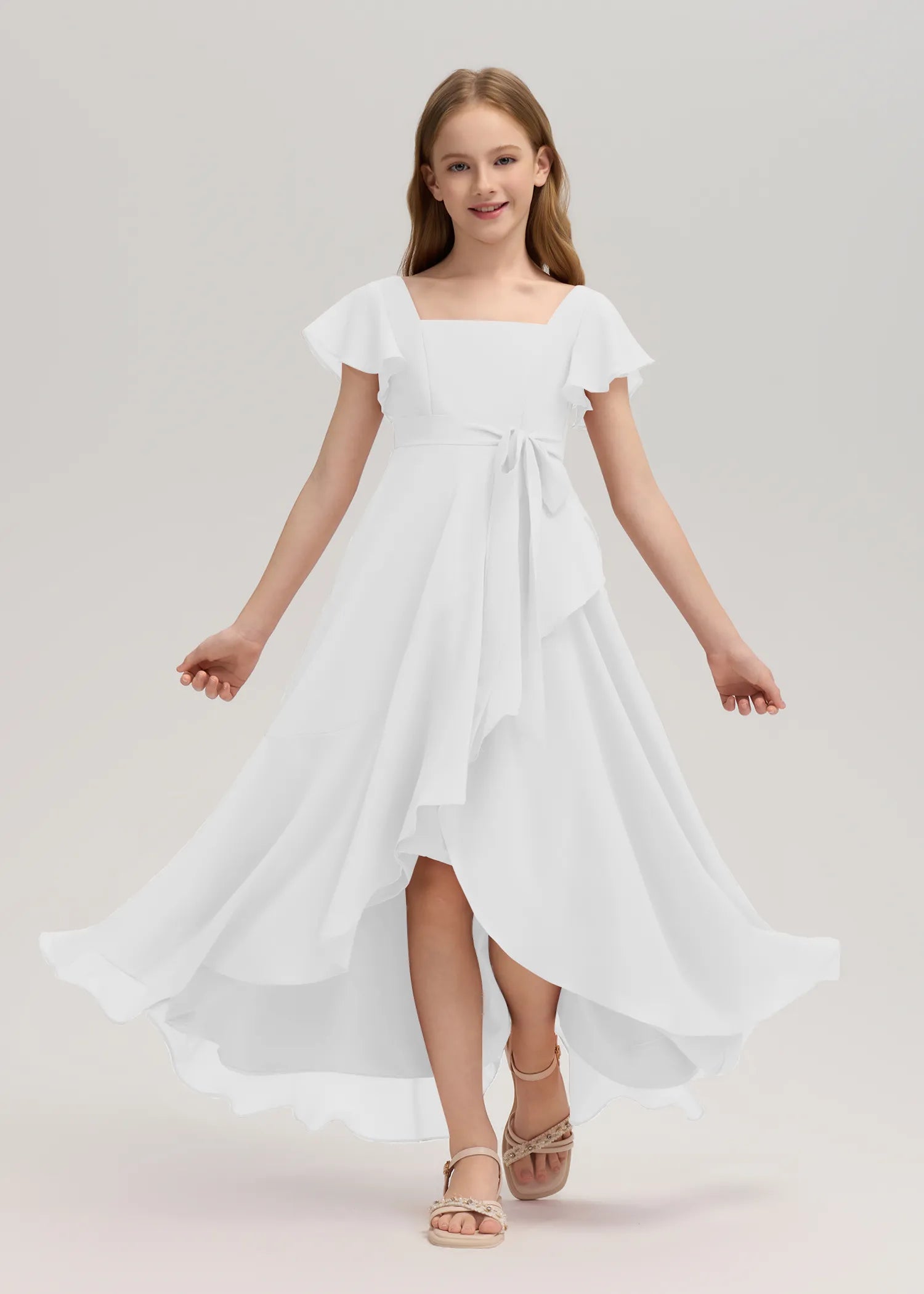 Square Neck Flutter Sleeve Chiffon Dress -[Black&White]