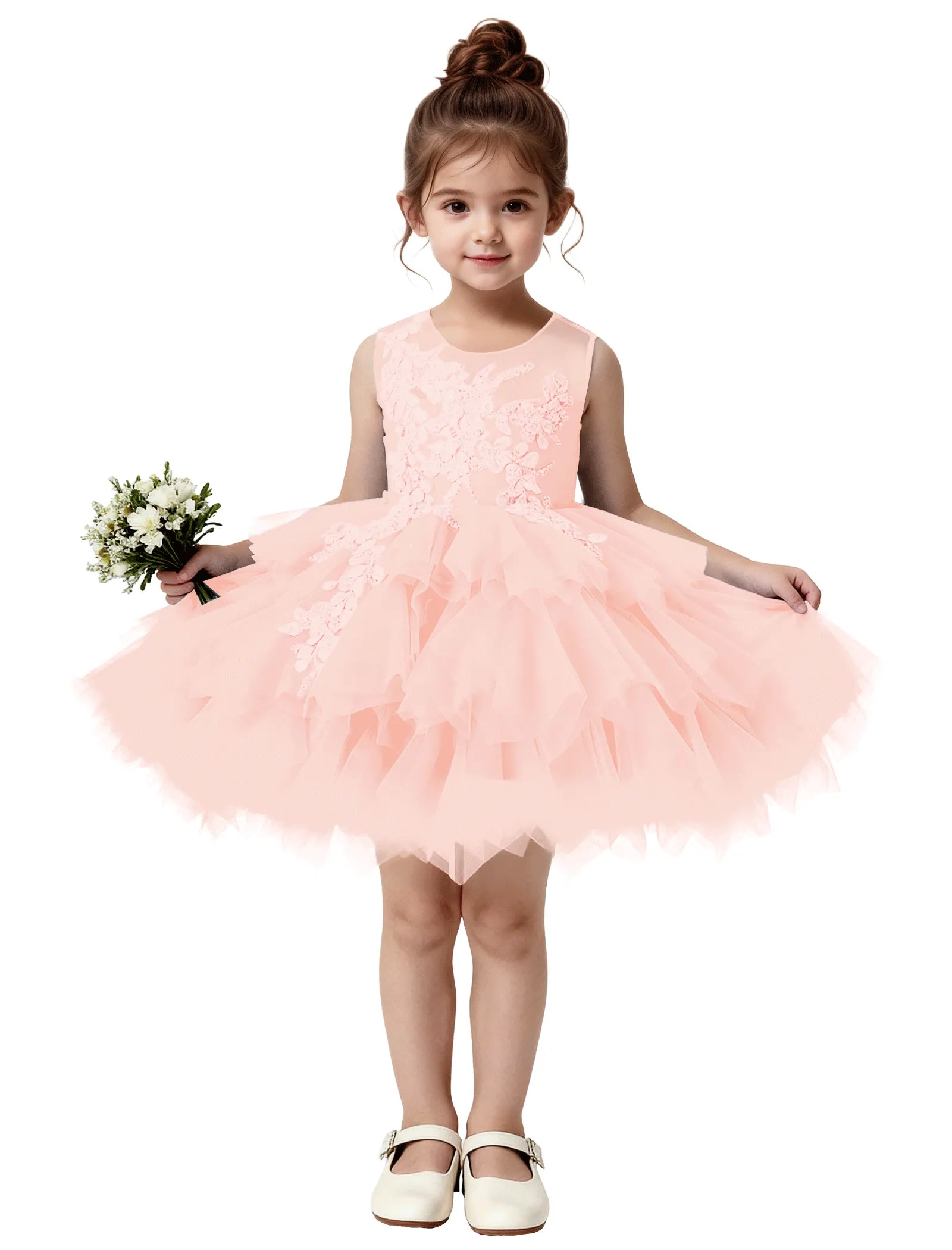 Princess Ruffle Party Dress with Mesh and Appliqué