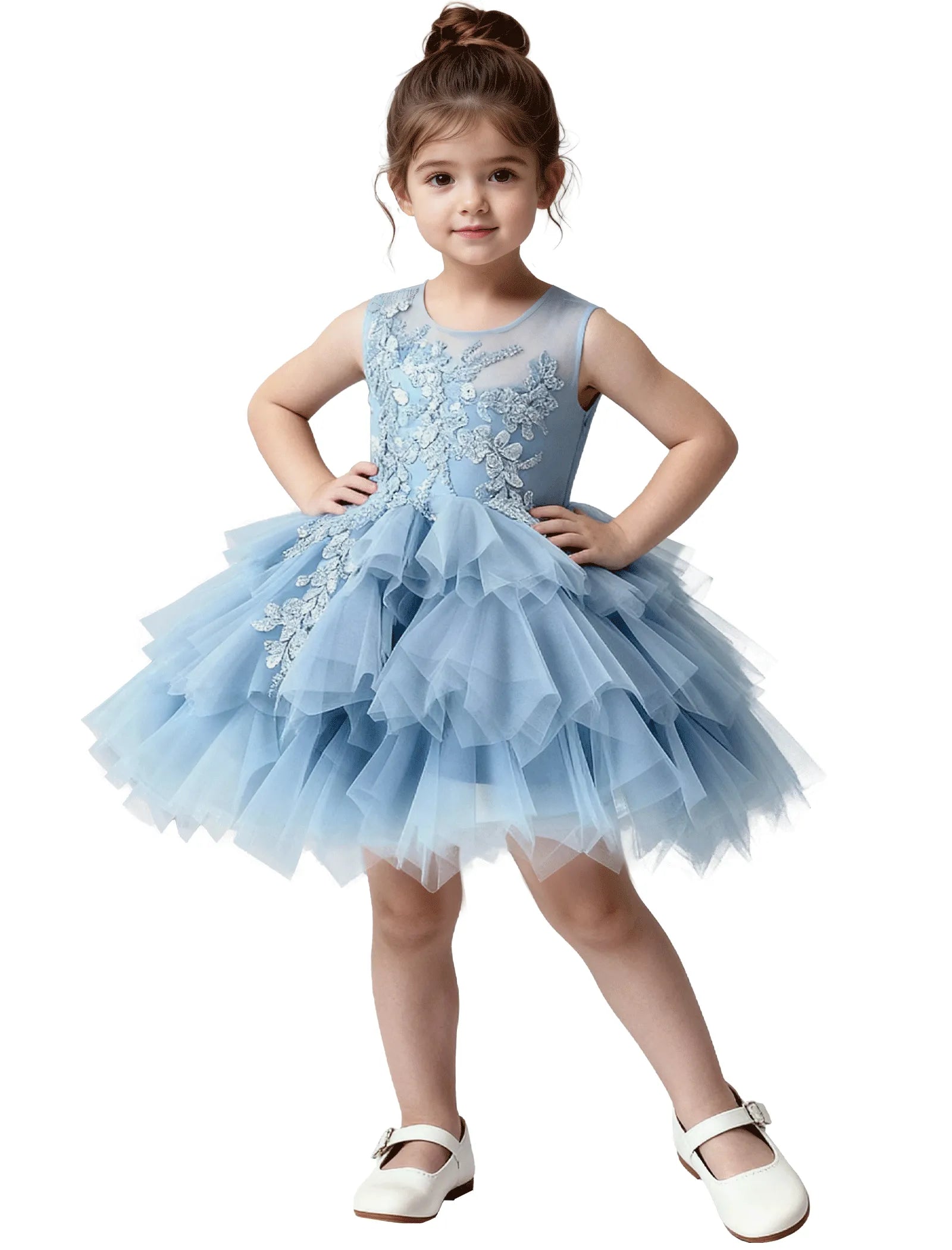 Princess Ruffle Party Dress with Mesh and Appliqué