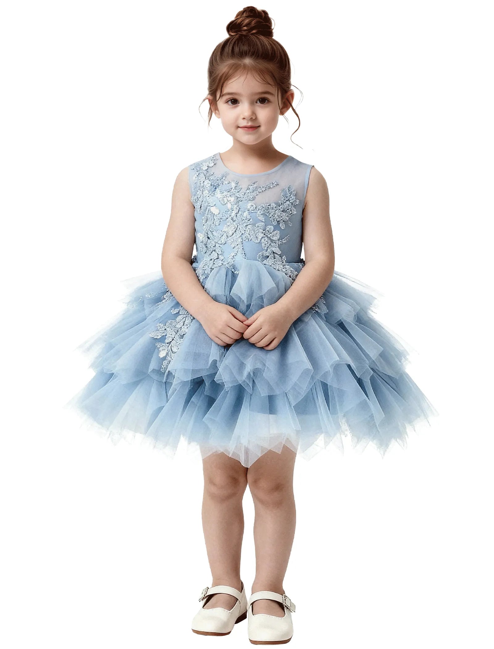 Princess Ruffle Party Dress with Mesh and Appliqué