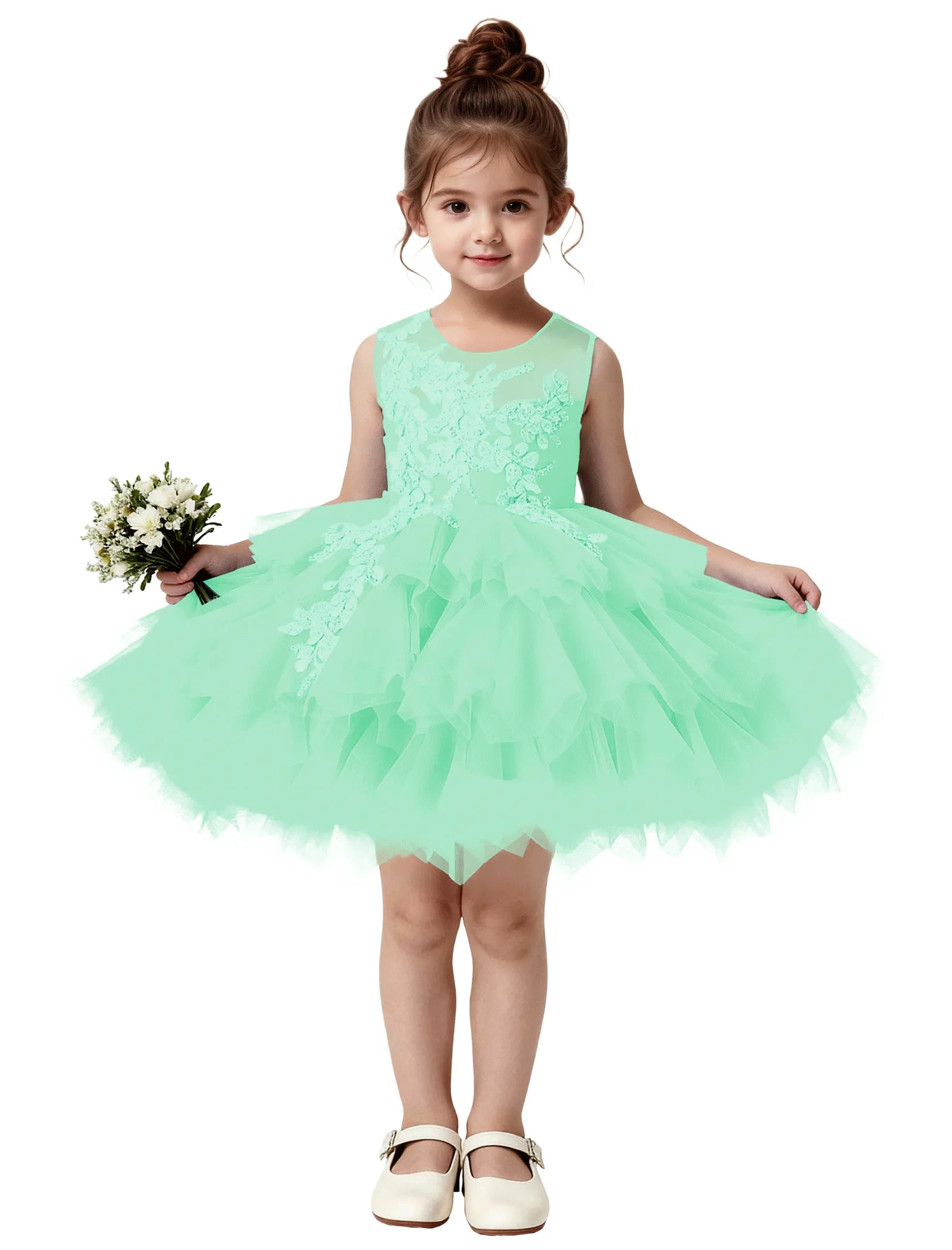 Princess Ruffle Party Dress with Mesh and Appliqué