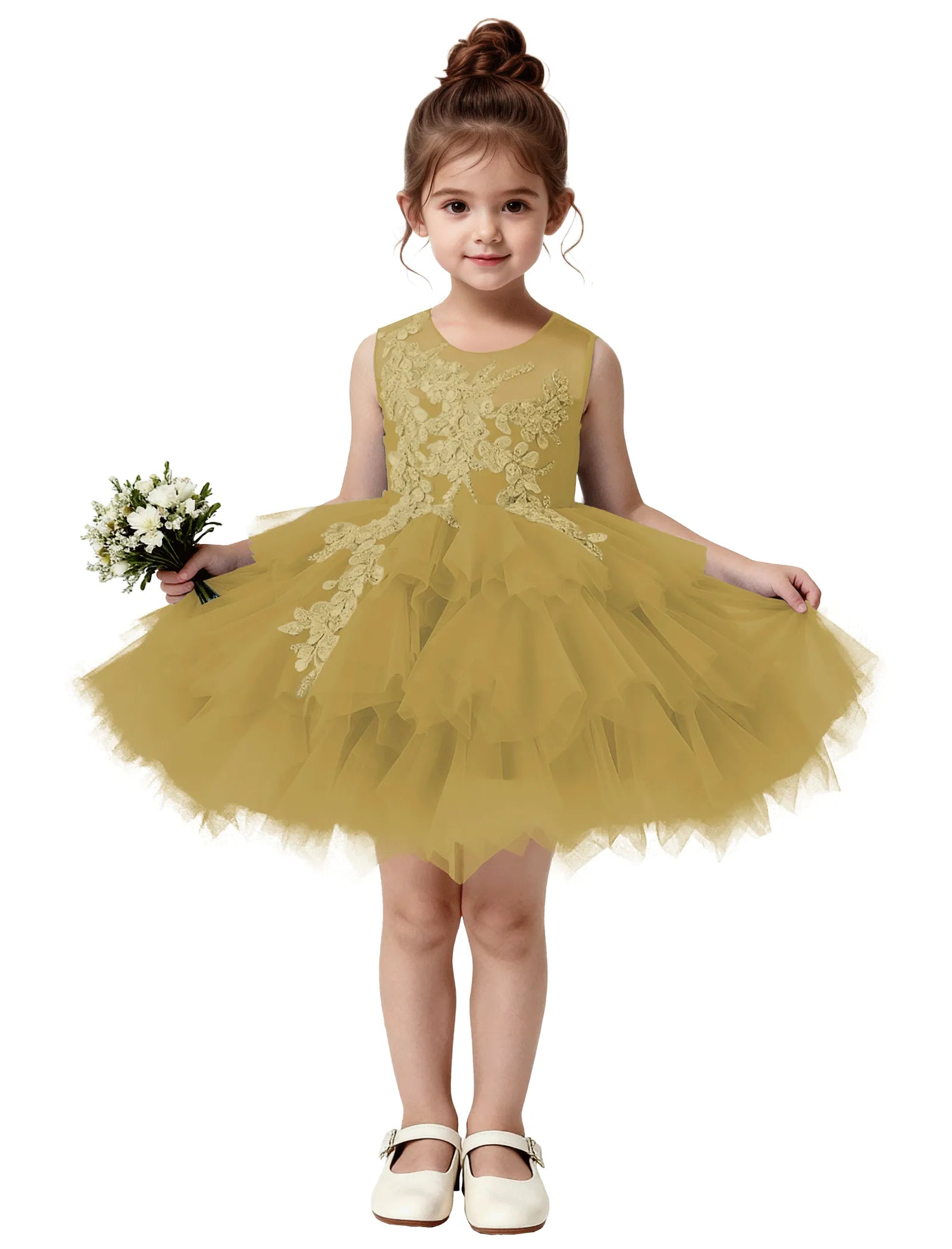 Princess Ruffle Party Dress with Mesh and Appliqué