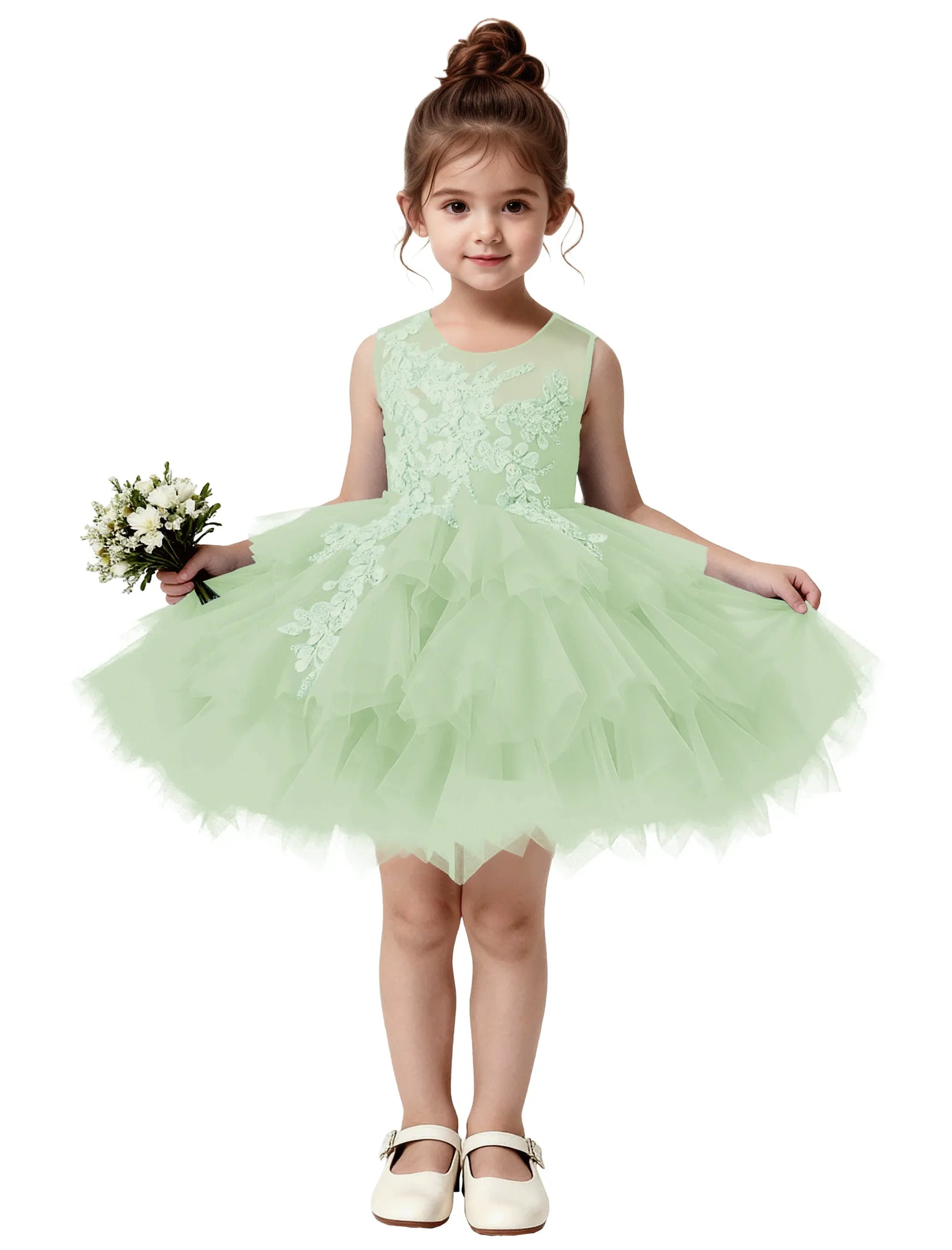 Princess Ruffle Party Dress with Mesh and Appliqué