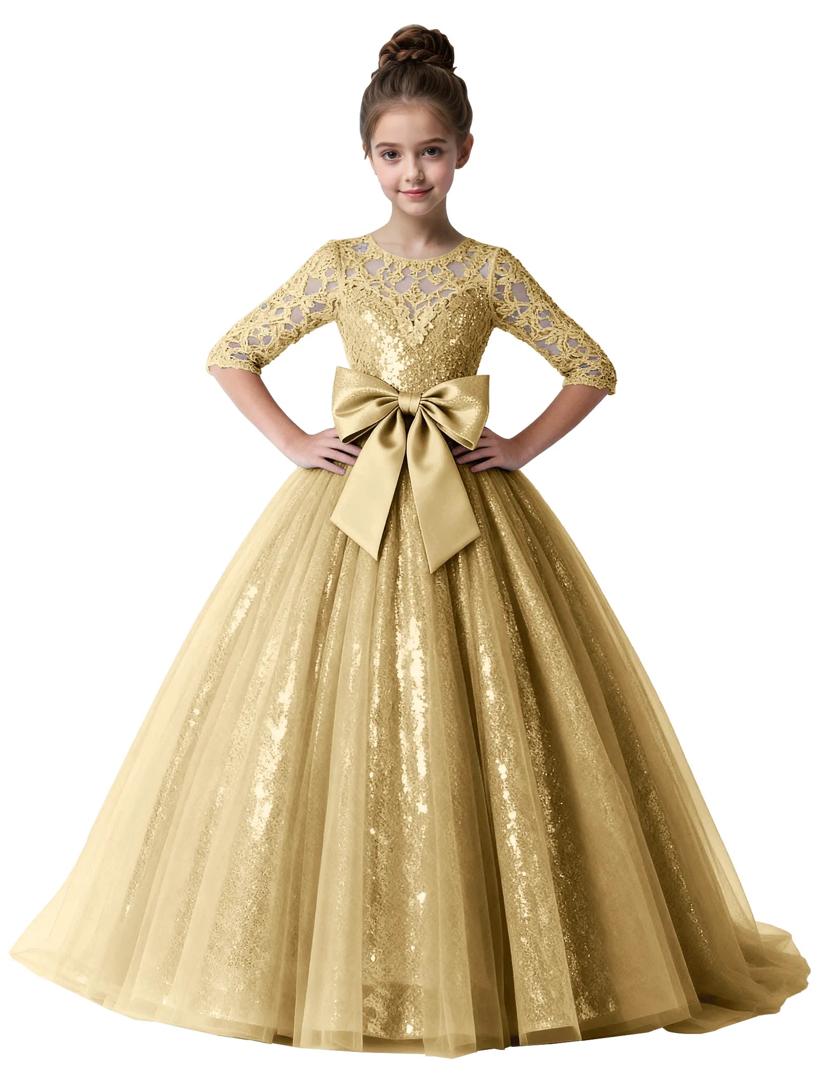 Lace Sparkle Tulle Ball Gown With Bow for Girls