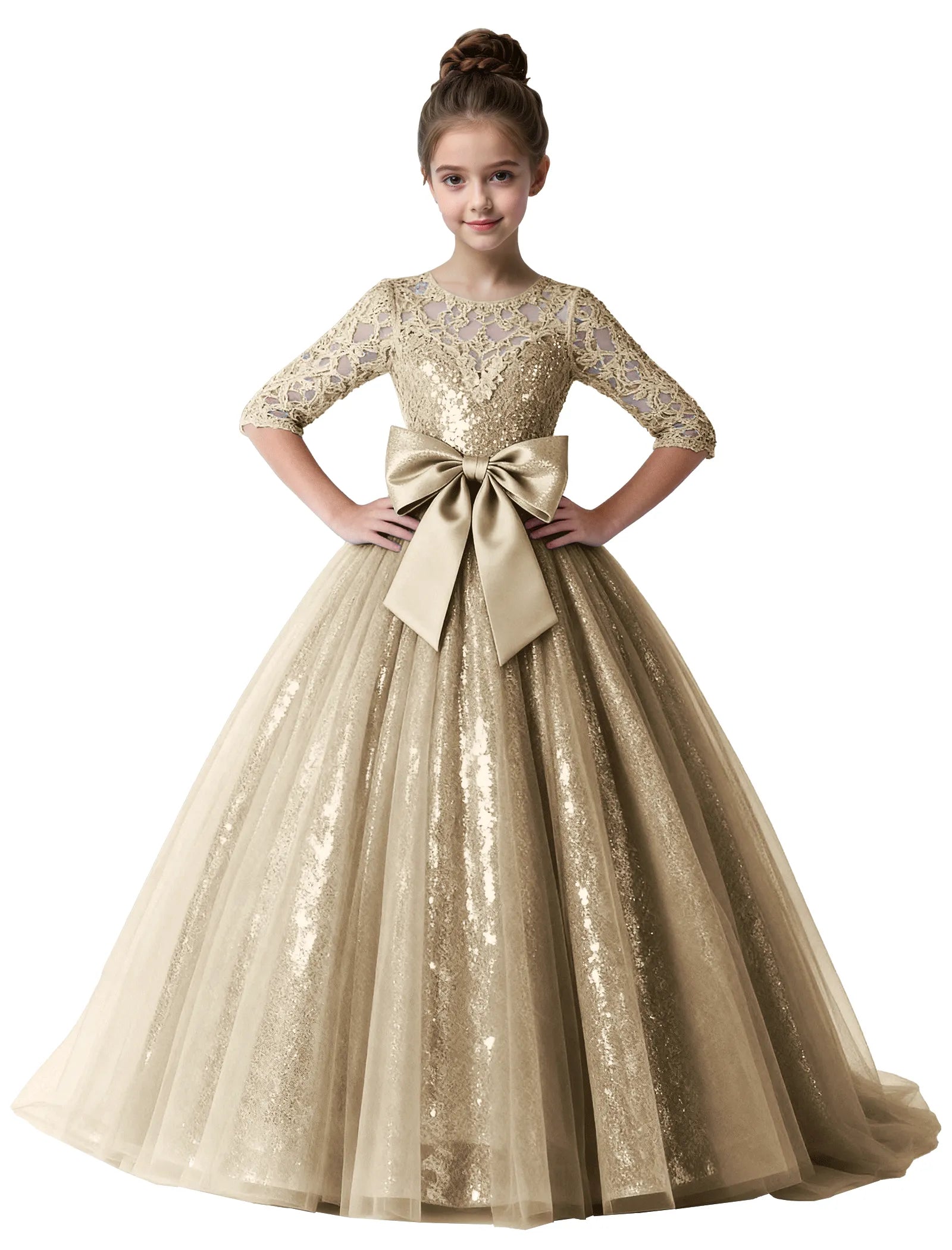 Lace Sparkle Tulle Ball Gown With Bow for Girls