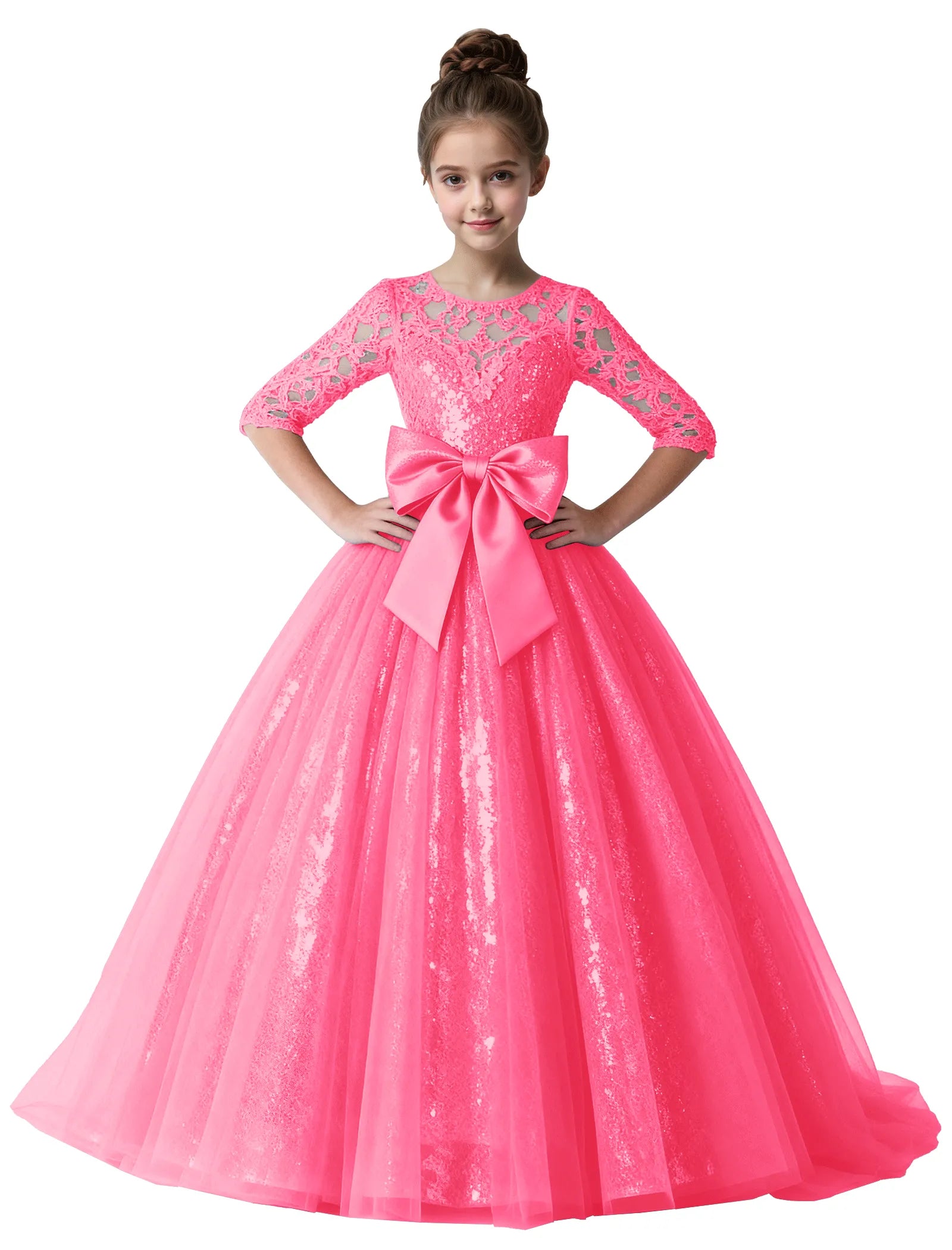 Lace Sparkle Tulle Ball Gown With Bow for Girls