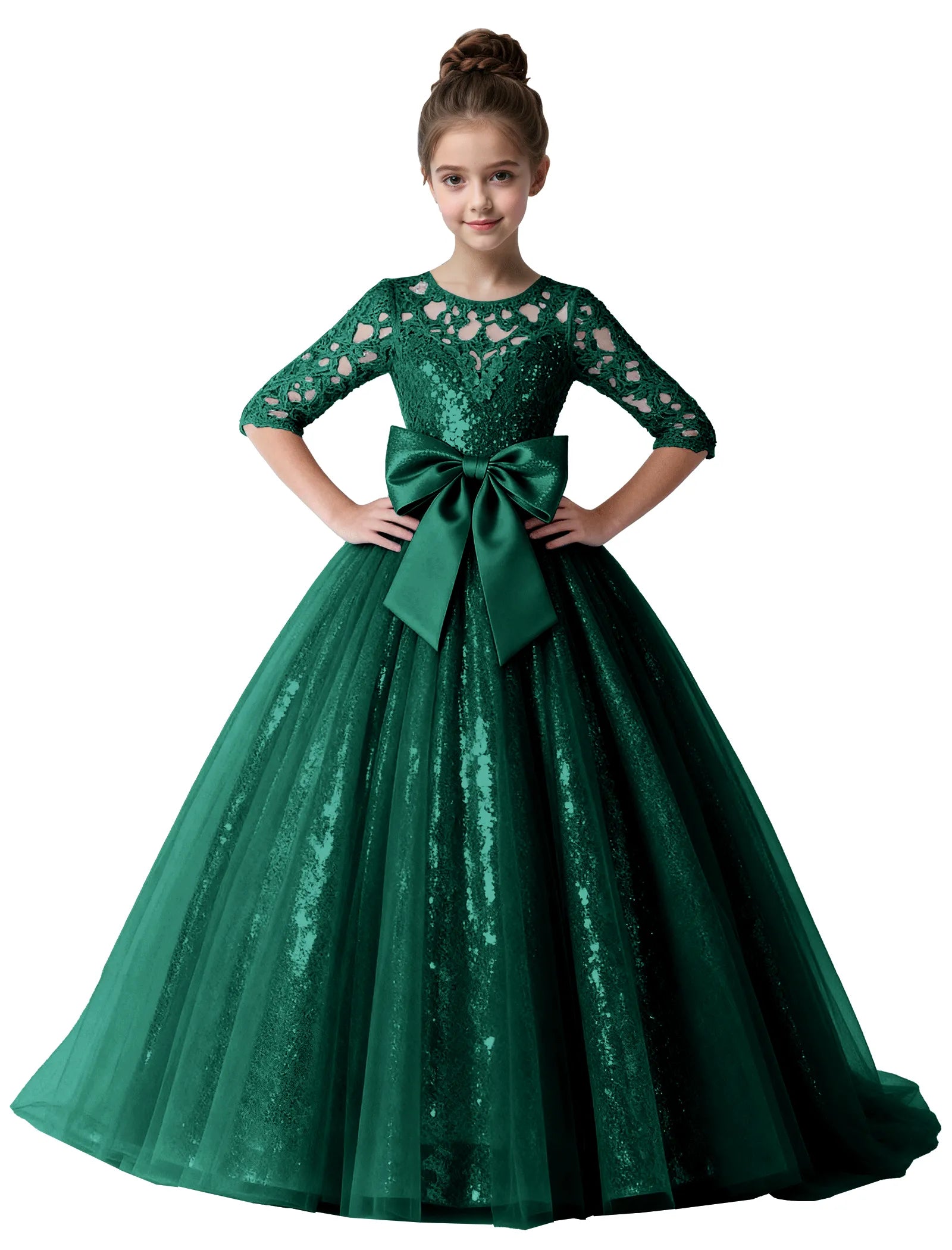 Lace Sparkle Tulle Ball Gown With Bow for Girls