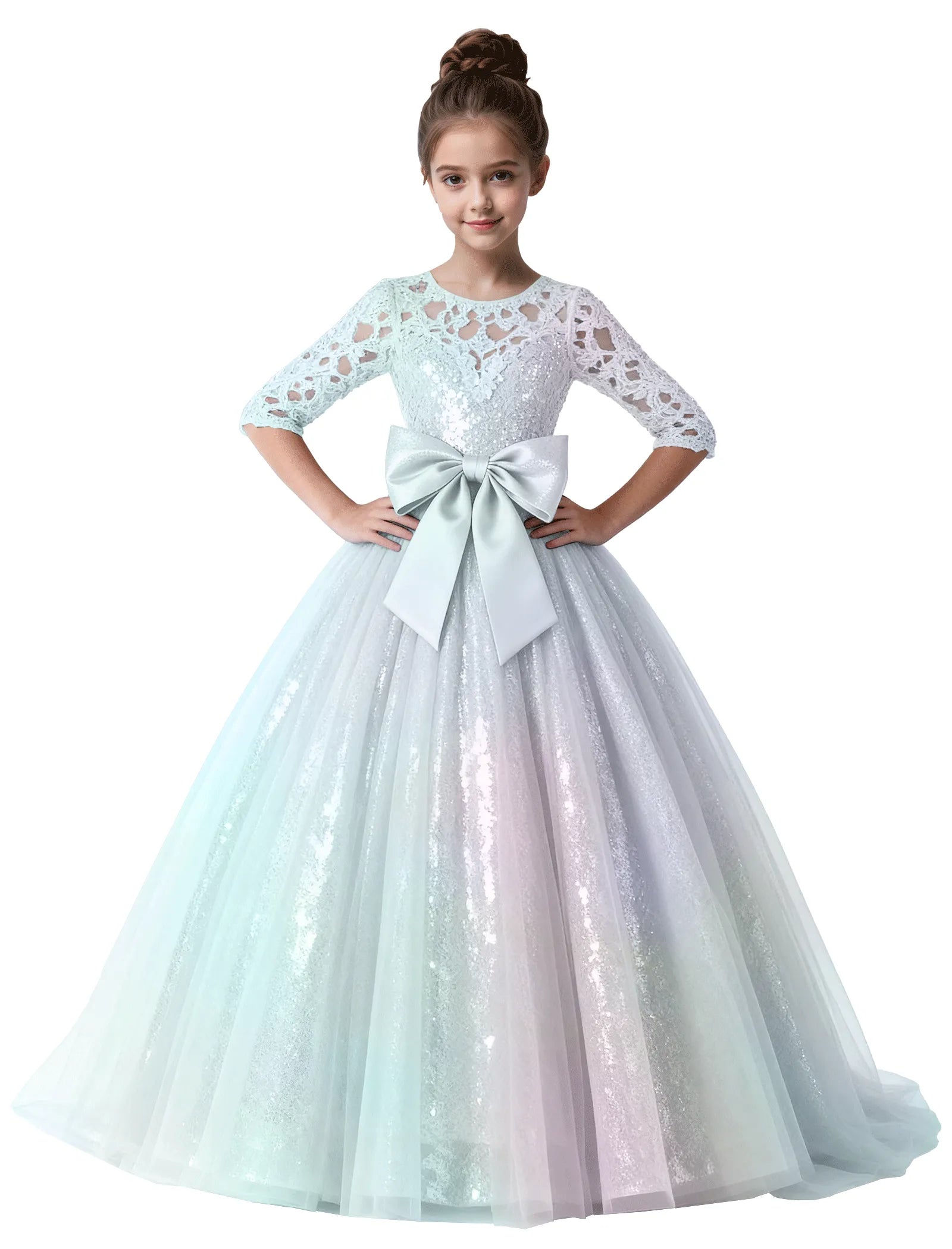 Lace Sparkle Tulle Ball Gown With Bow for Girls