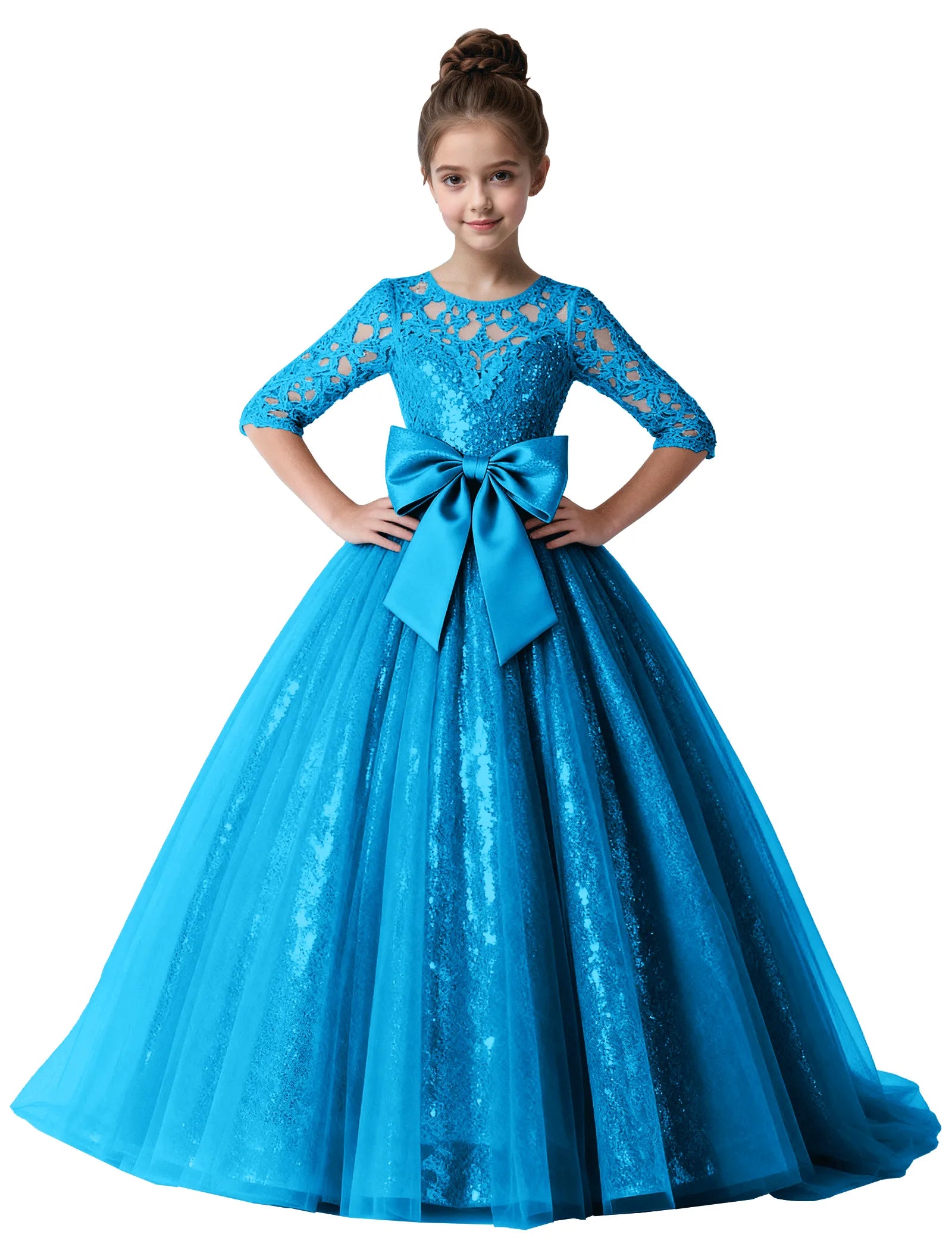 Lace Sparkle Tulle Ball Gown With Bow for Girls