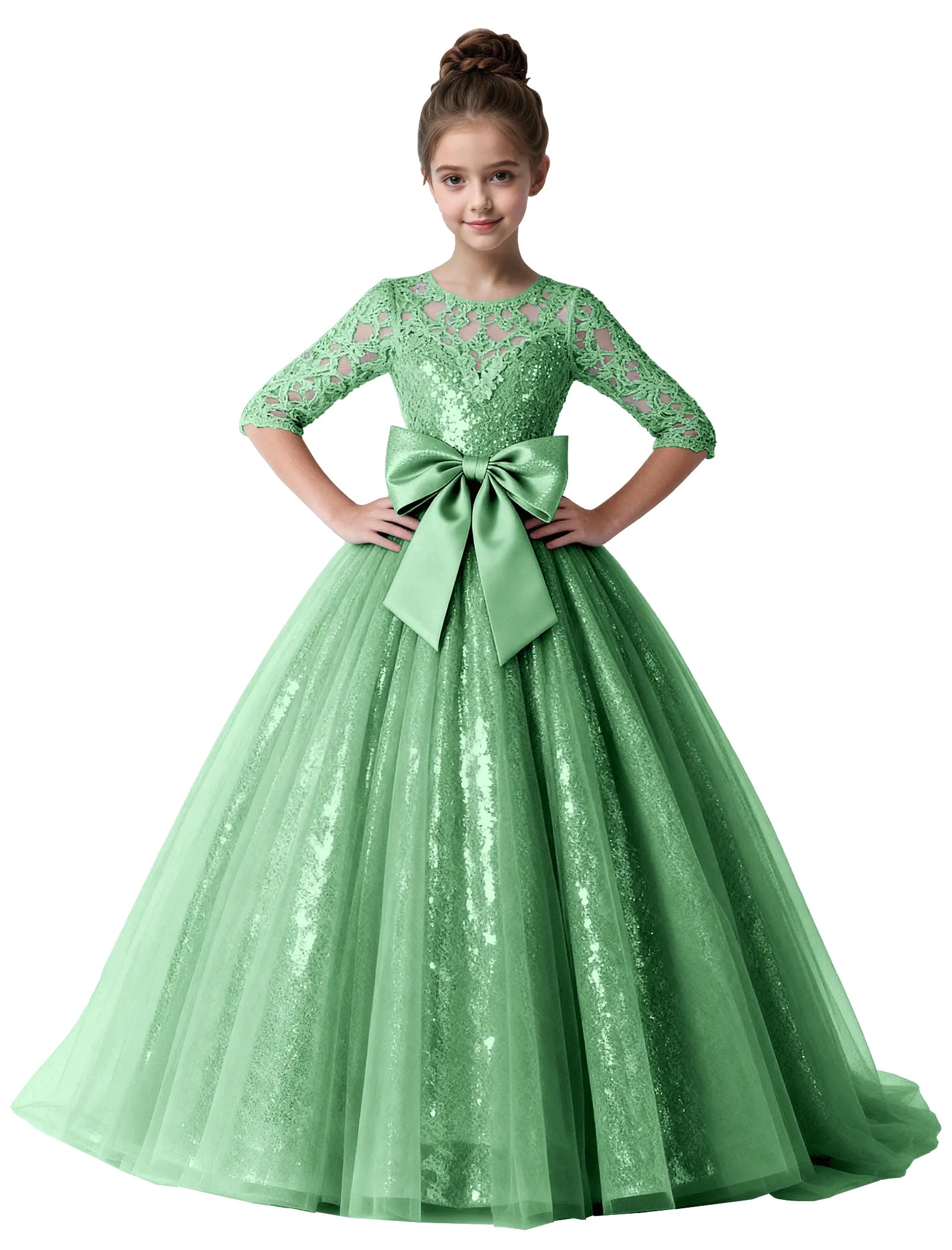 Lace Sparkle Tulle Ball Gown With Bow for Girls