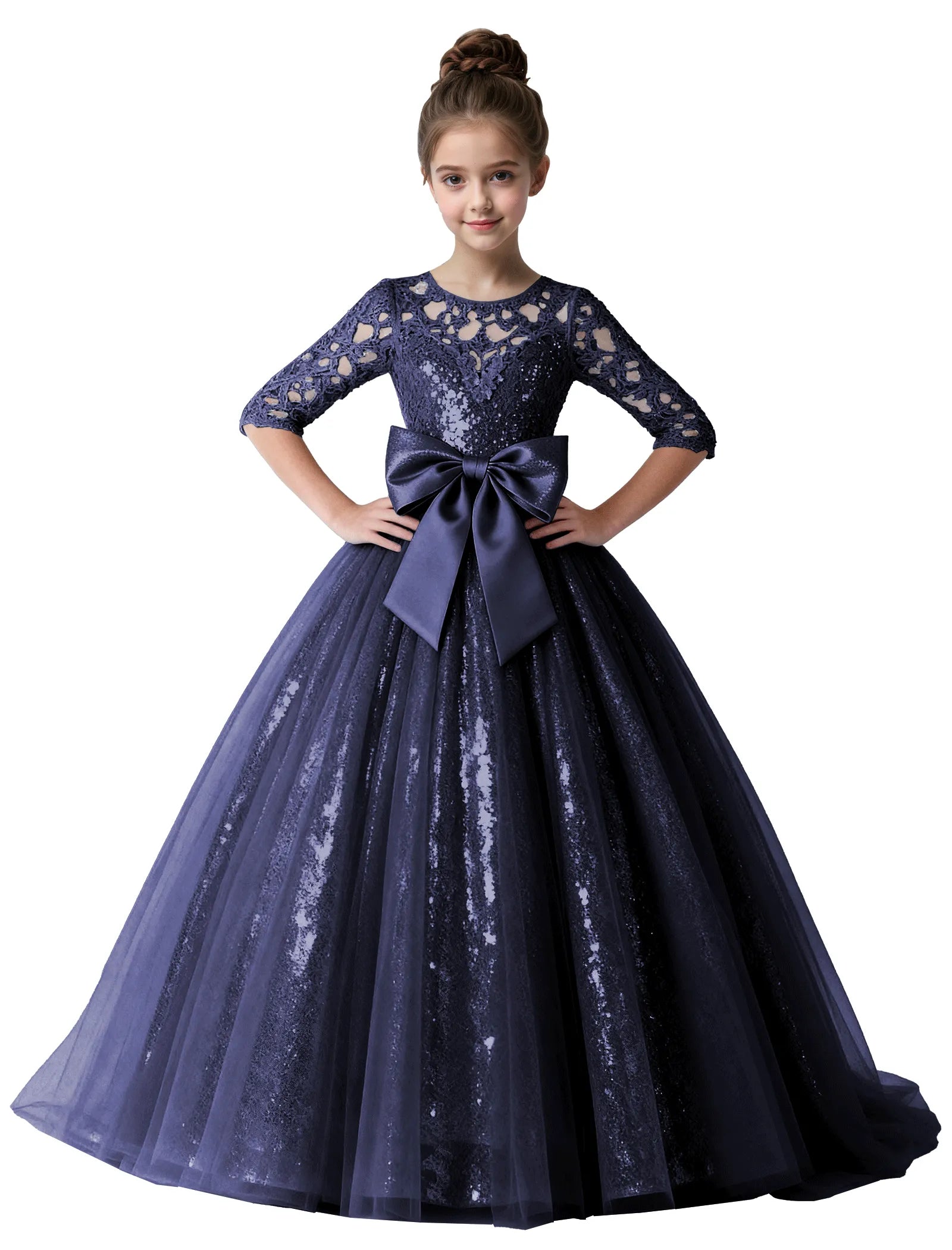 Lace Sparkle Tulle Ball Gown With Bow for Girls