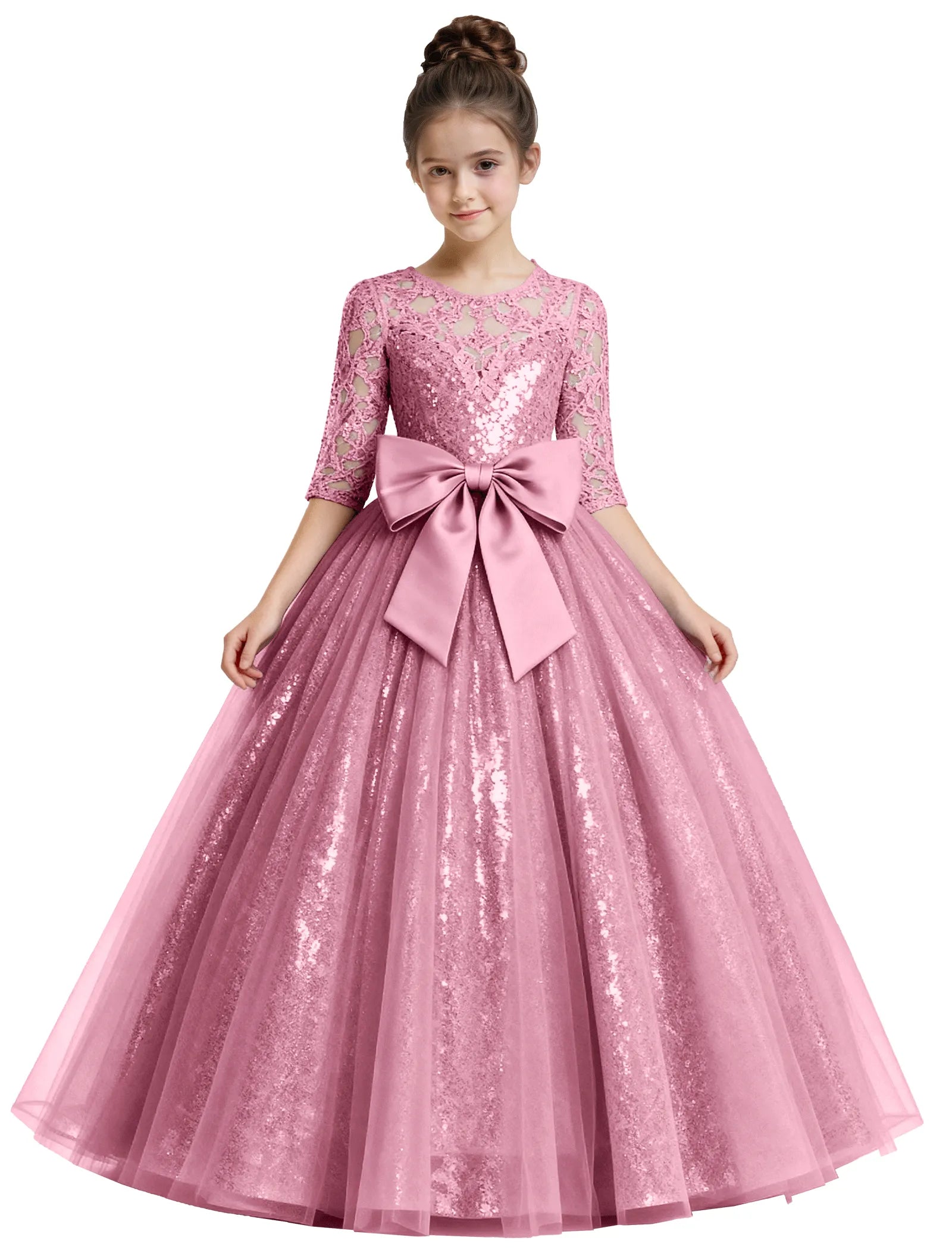 Lace Sparkle Tulle Ball Gown With Bow for Girls