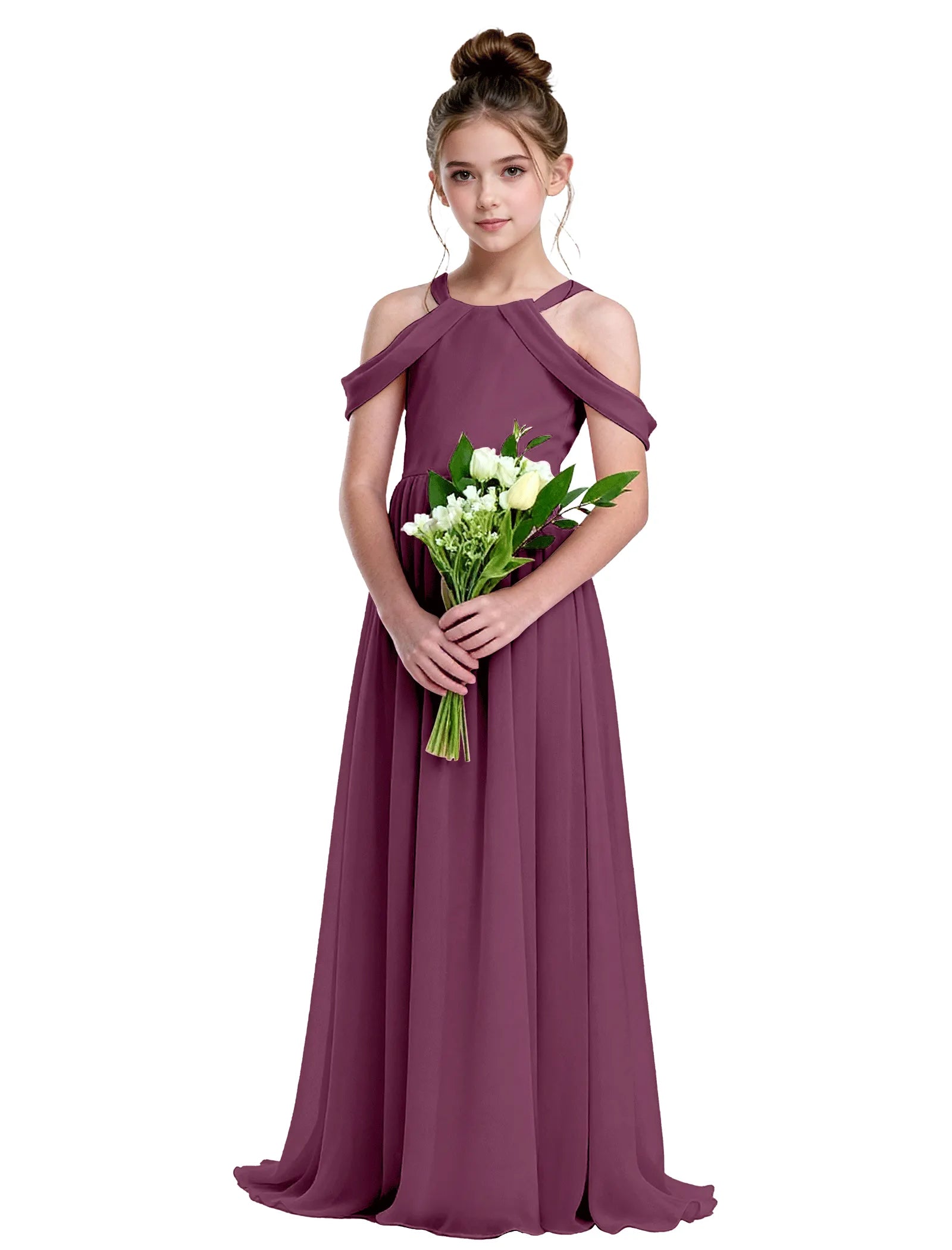 Ethereal Cold-Shoulder Chiffon Flower Girl Dress