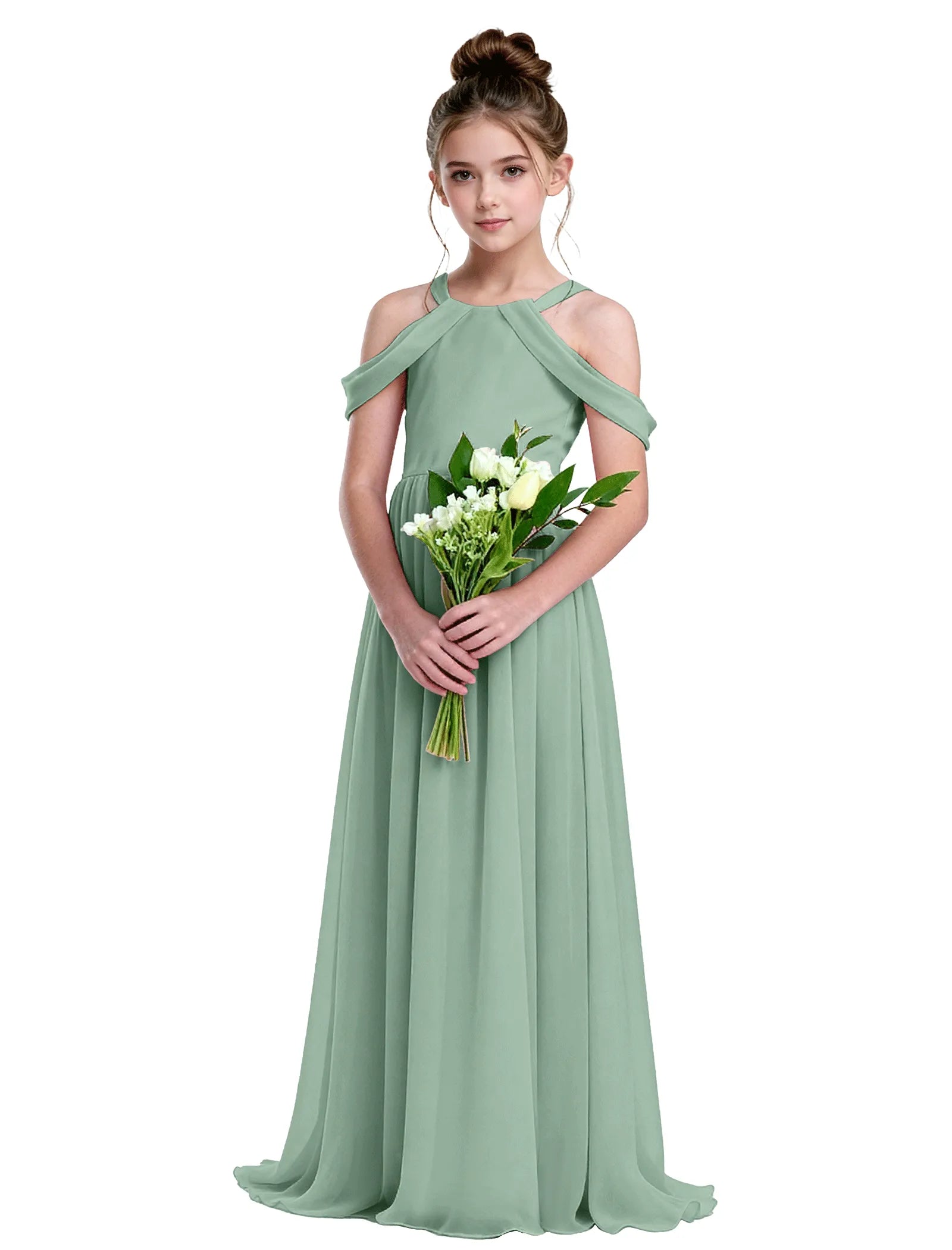 Ethereal Cold-Shoulder Chiffon Flower Girl Dress
