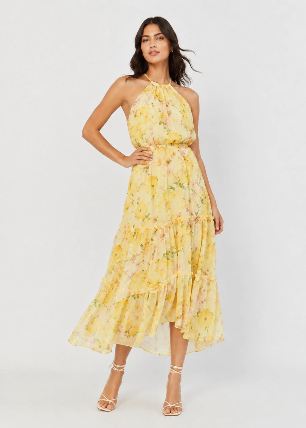 Yellow Floral Halter Tiered Chiffon Midi Dress
