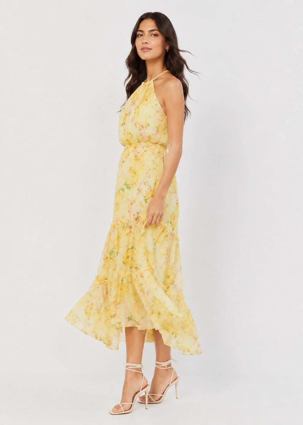Yellow Floral Halter Tiered Chiffon Midi Dress