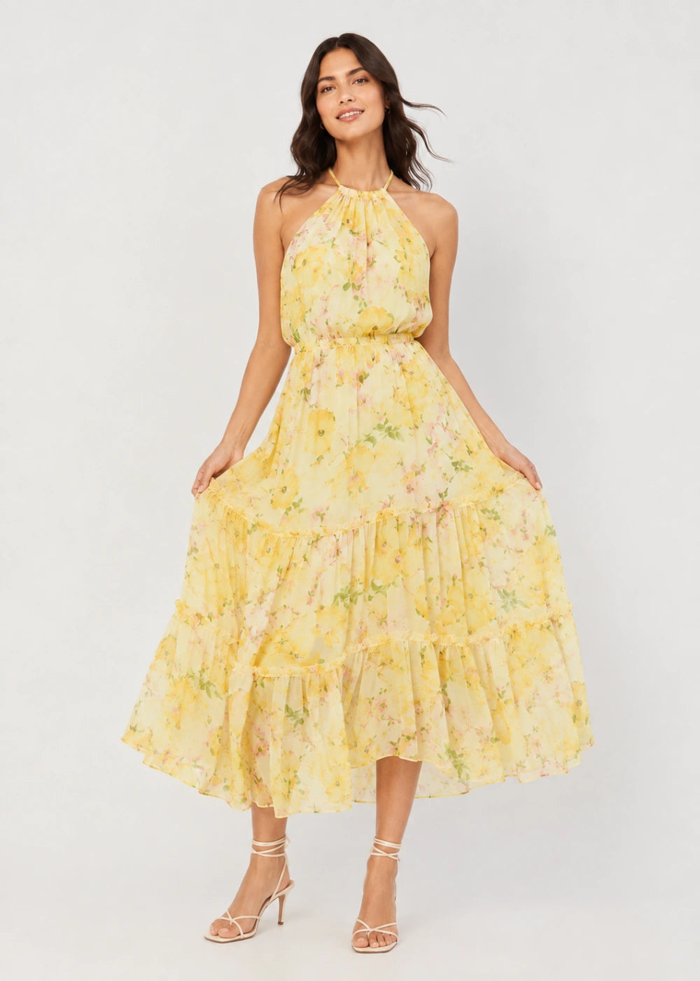 Yellow Floral Halter Tiered Chiffon Midi Dress