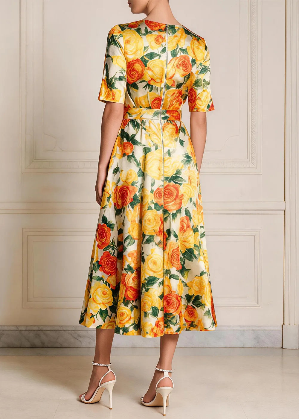 Yellow Floral Tie-Waist A-Line Midi Dress