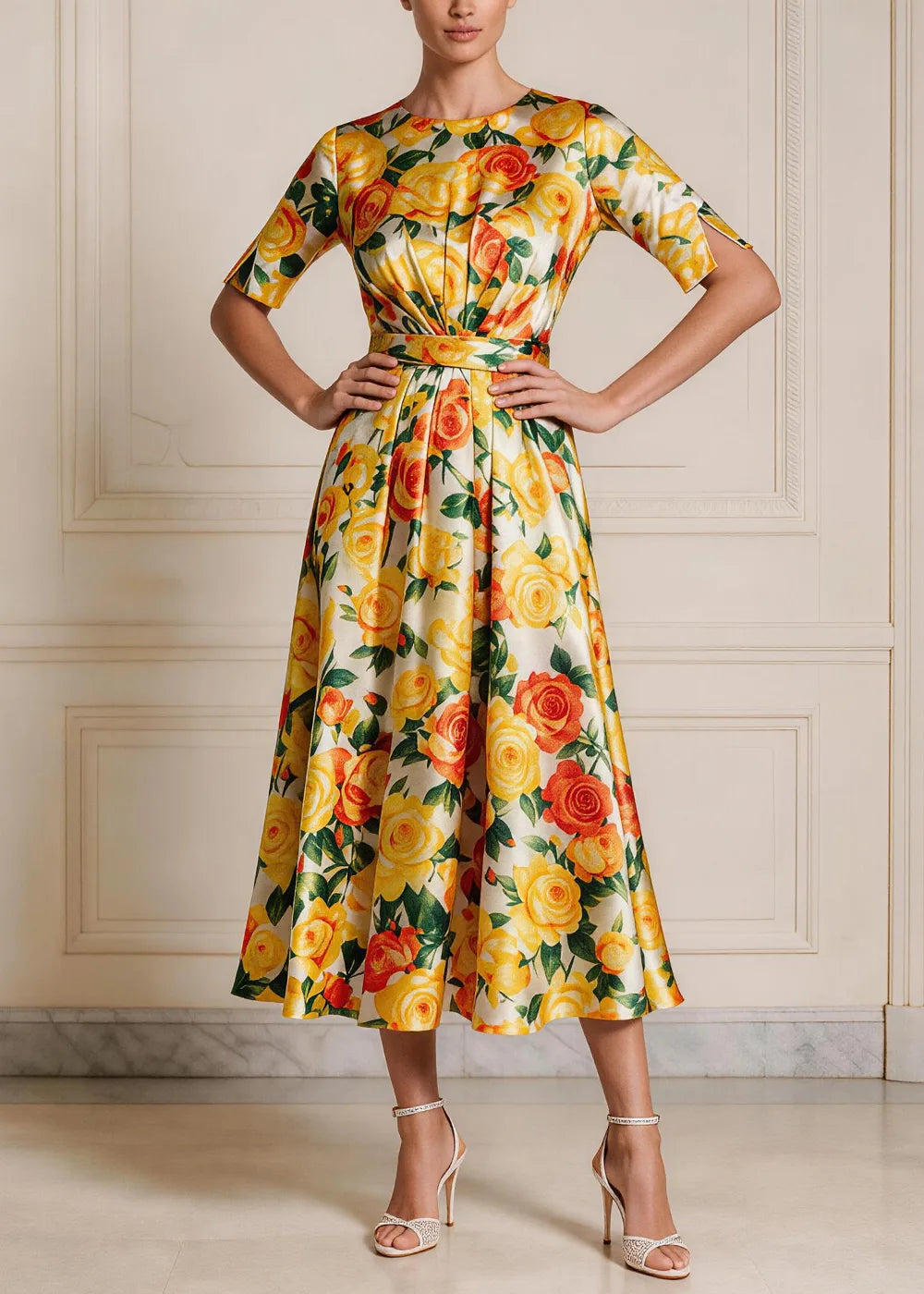 Yellow Floral Tie-Waist A-Line Midi Dress