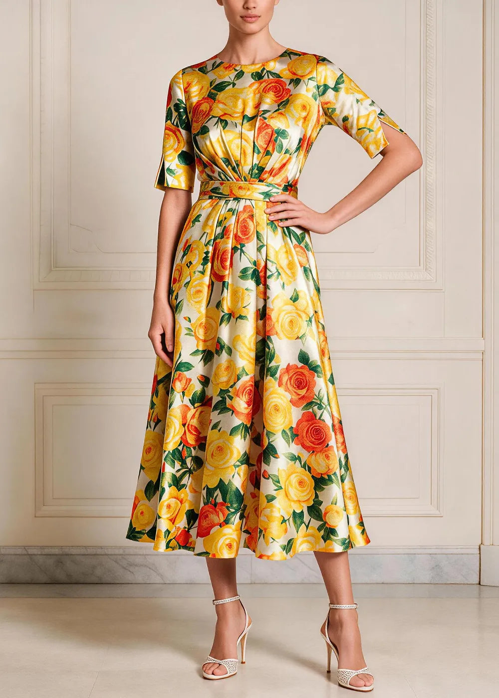 Yellow Floral Tie-Waist A-Line Midi Dress