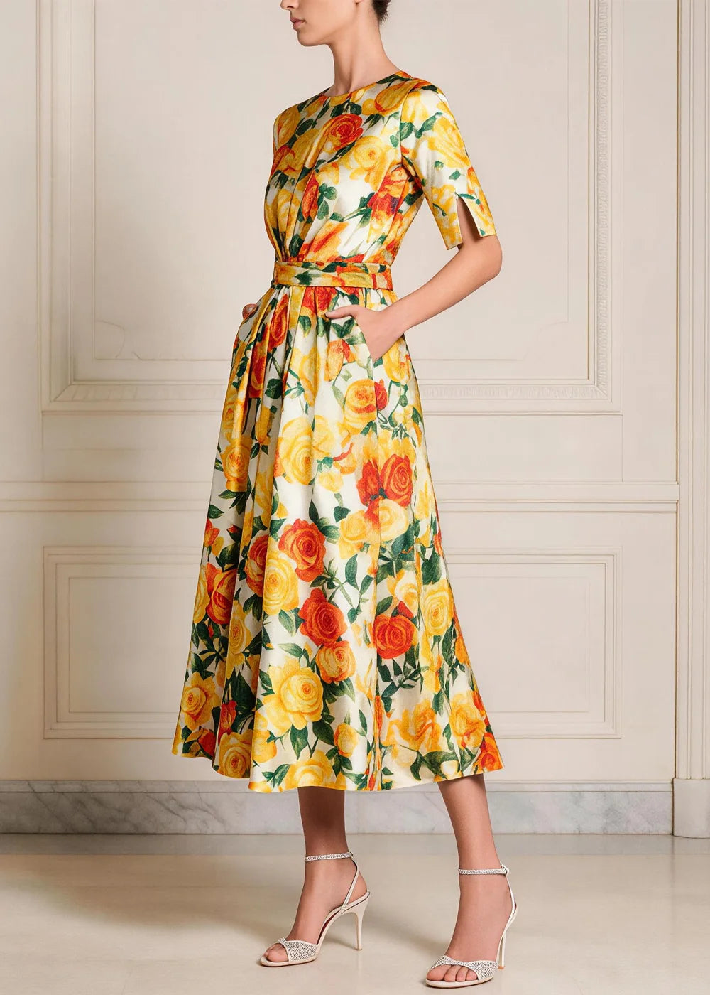 Yellow Floral Tie-Waist A-Line Midi Dress