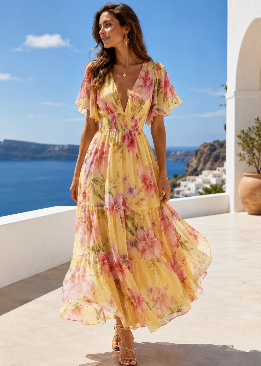Yellow Pink Floral Flutter-Sleeve Tiered Maxi Dress