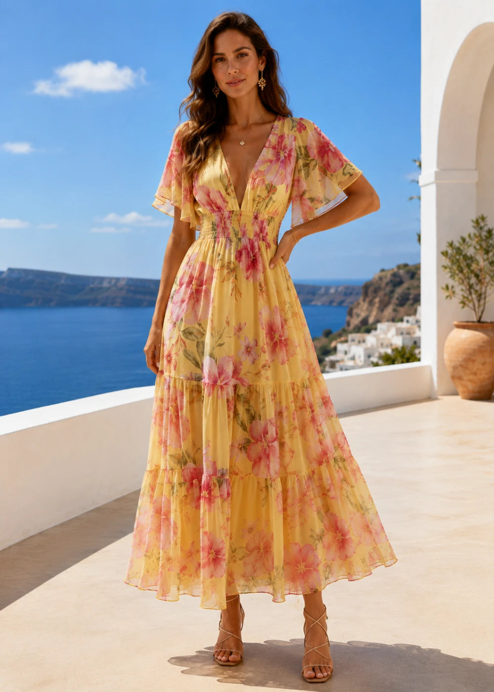 Yellow Pink Floral Flutter-Sleeve Tiered Maxi Dress